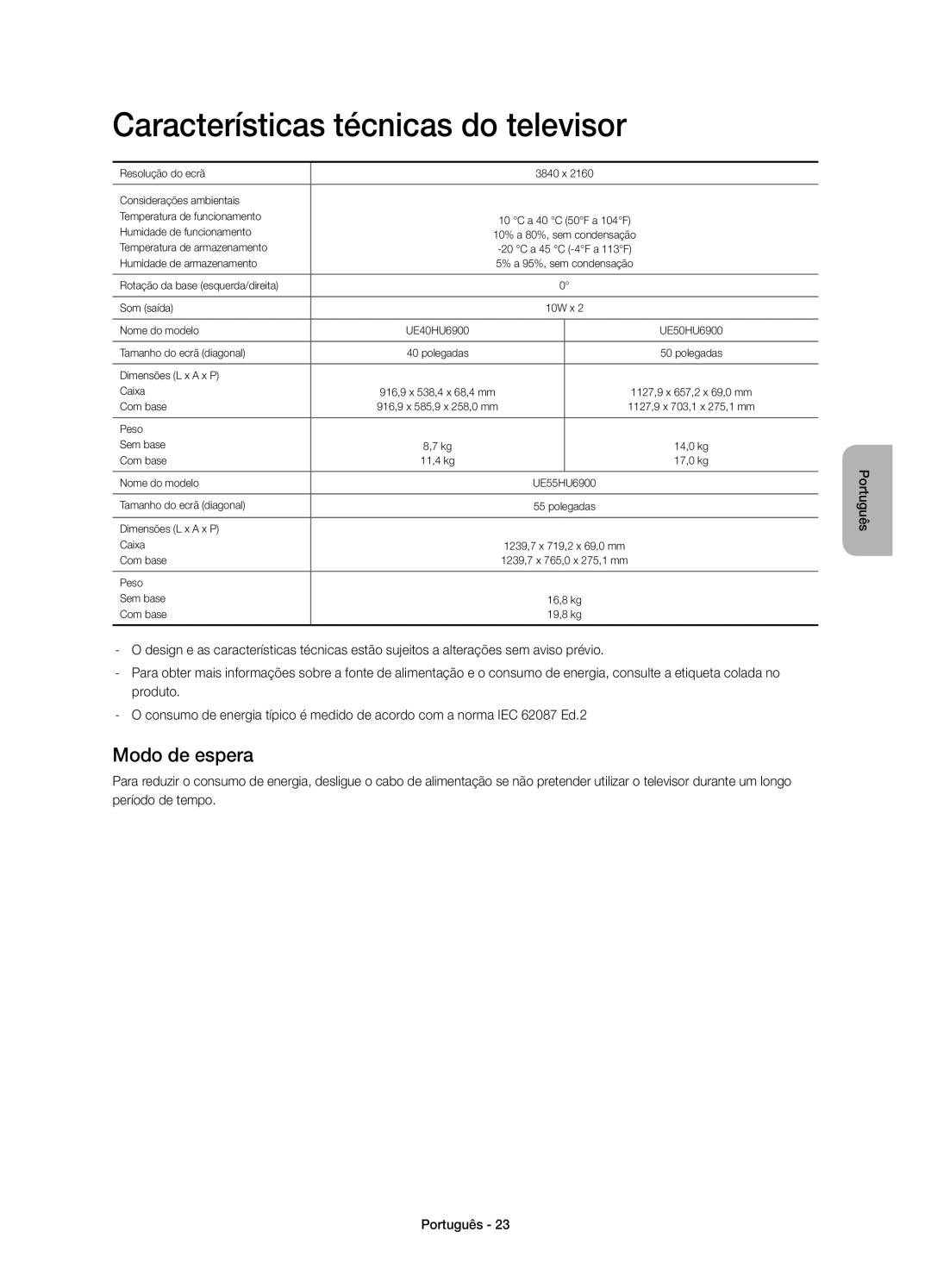 Samsung UE40HU6900SXXC, UE55HU6900SXXC, UE50HU6900SXXC manual Características técnicas do televisor, Modo de espera 