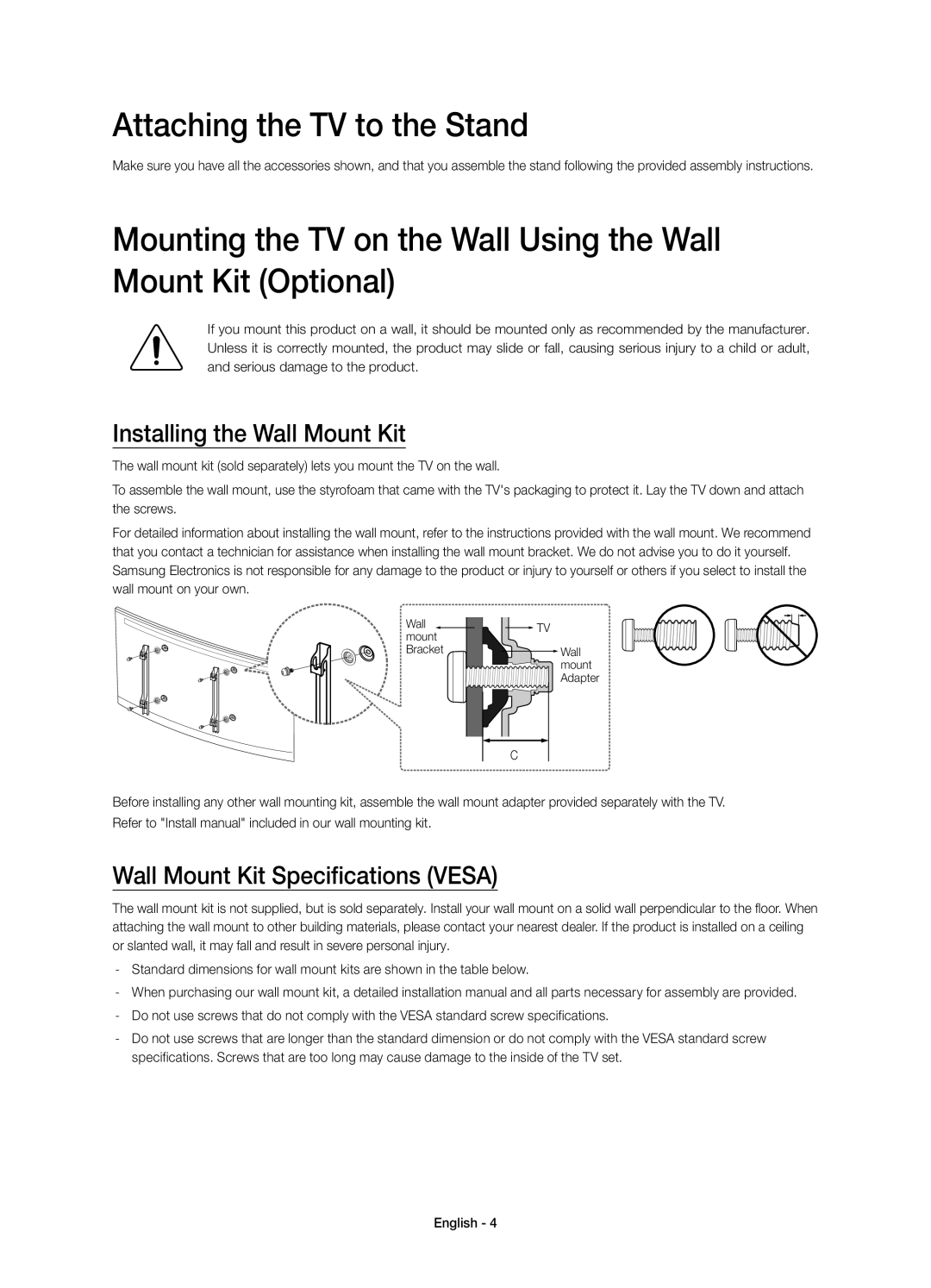 Samsung UE55HU7100DXZT Attaching the TV to the Stand, Installing the Wall Mount Kit, Wall Mount Kit Specifications Vesa 