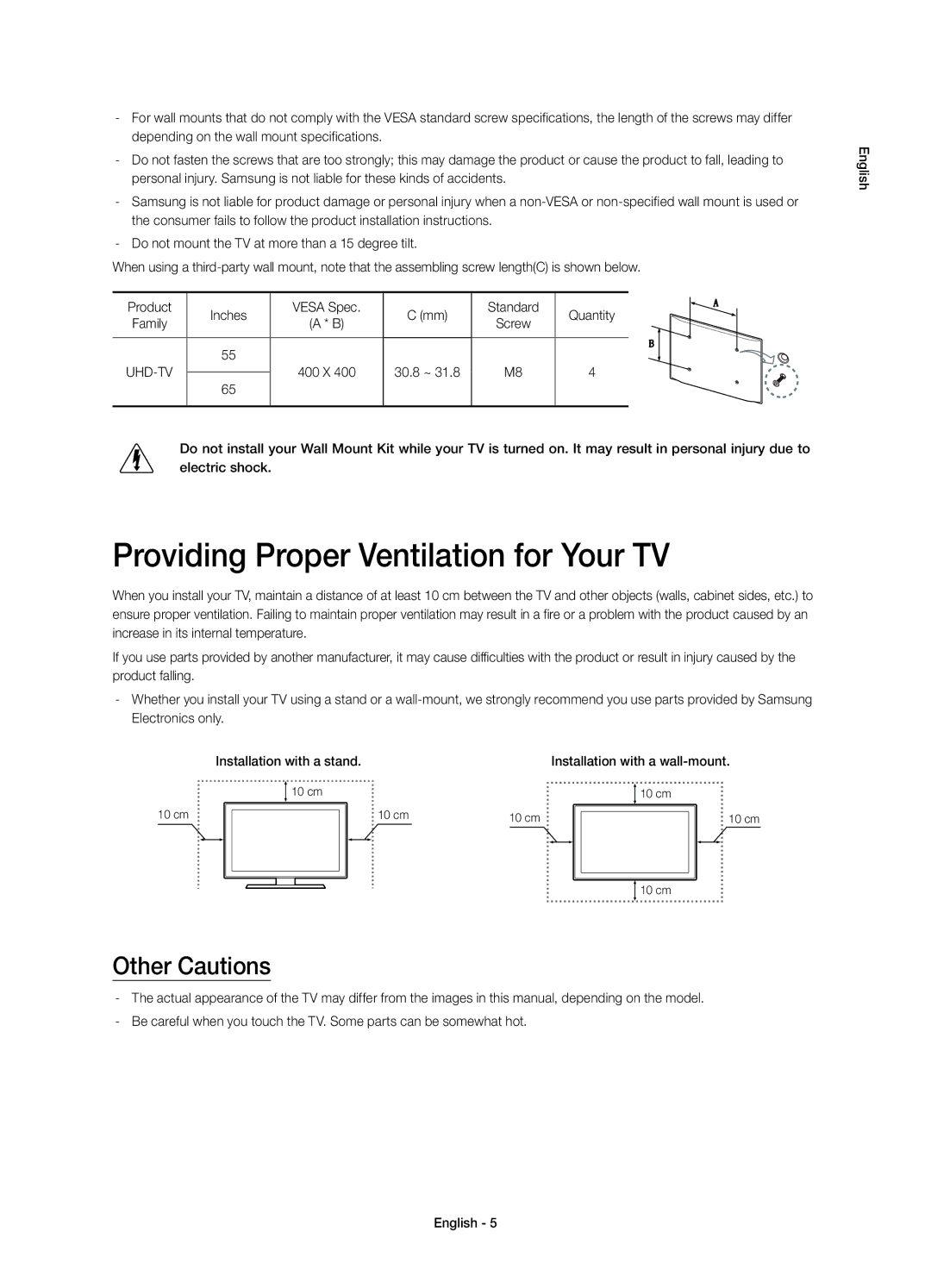 Samsung UE55HU7100DXZT manual Providing Proper Ventilation for Your TV, Other Cautions 