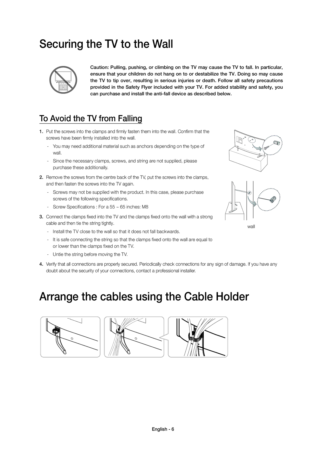 Samsung UE55HU7100DXZT manual Securing the TV to the Wall, Arrange the cables using the Cable Holder 