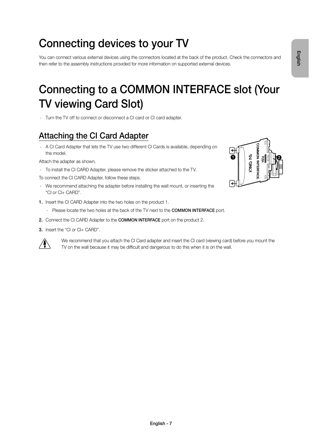 Samsung UE55HU7100DXZT manual Connecting devices to your TV, Attaching the CI Card Adapter 