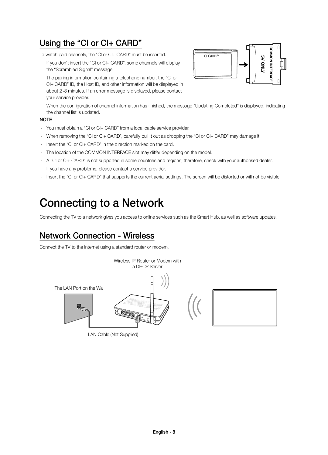 Samsung UE55HU7100DXZT manual Connecting to a Network, Using the CI or CI+ Card, Network Connection Wireless 