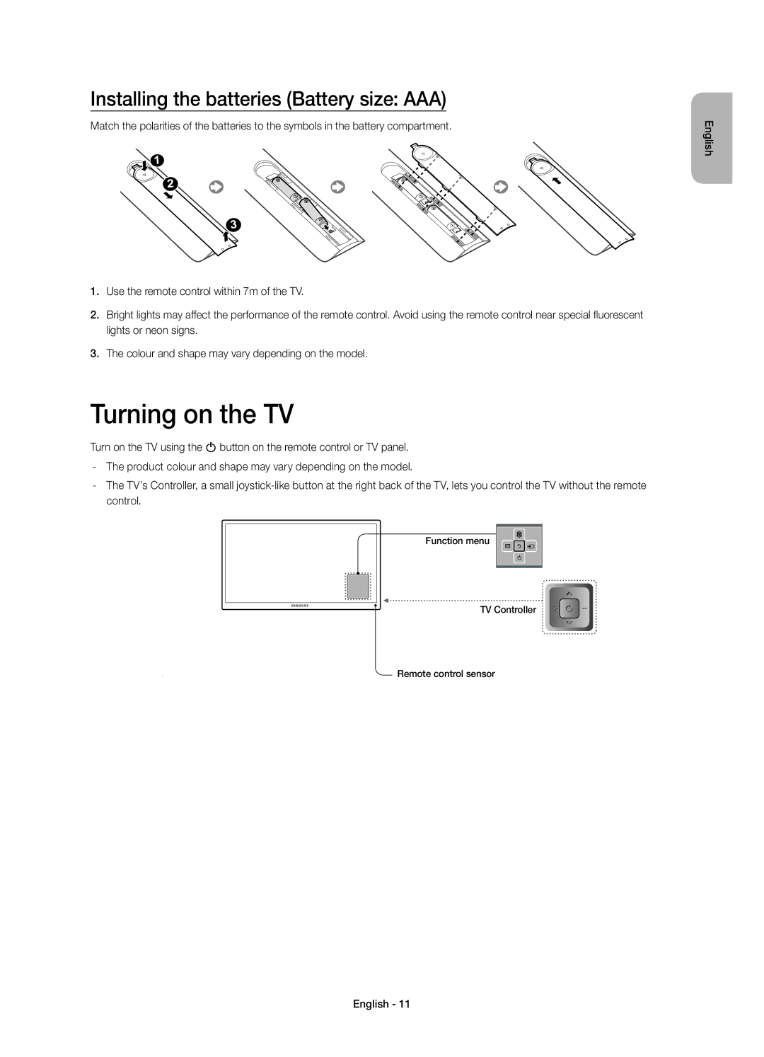 Samsung UE55HU7100SXTK, UE55HU7100SXZG, UE55HU7100SXXC manual Turning on the TV, Installing the batteries Battery size AAA 