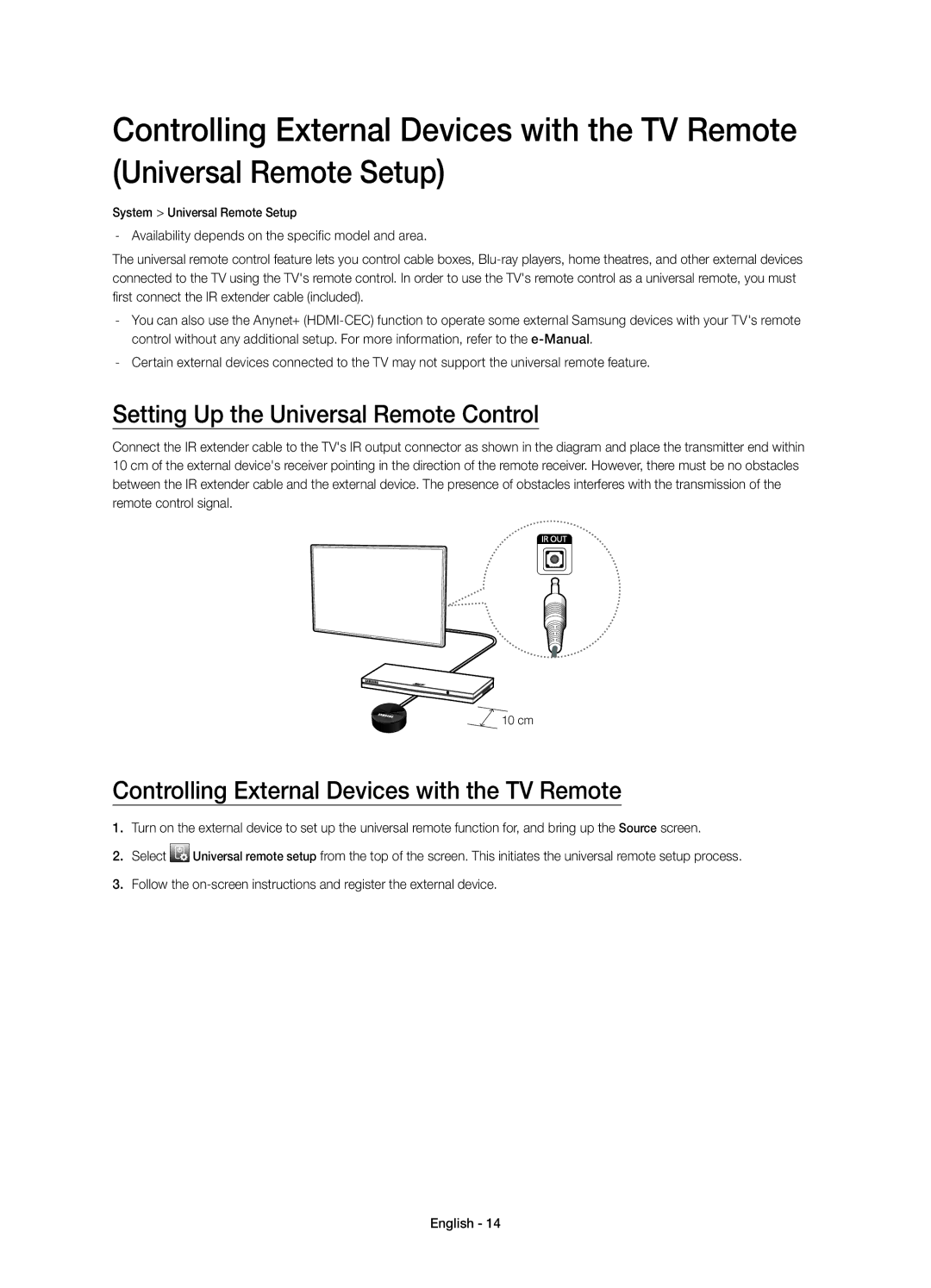 Samsung UE65HU7100SXZG manual Setting Up the Universal Remote Control, Controlling External Devices with the TV Remote 