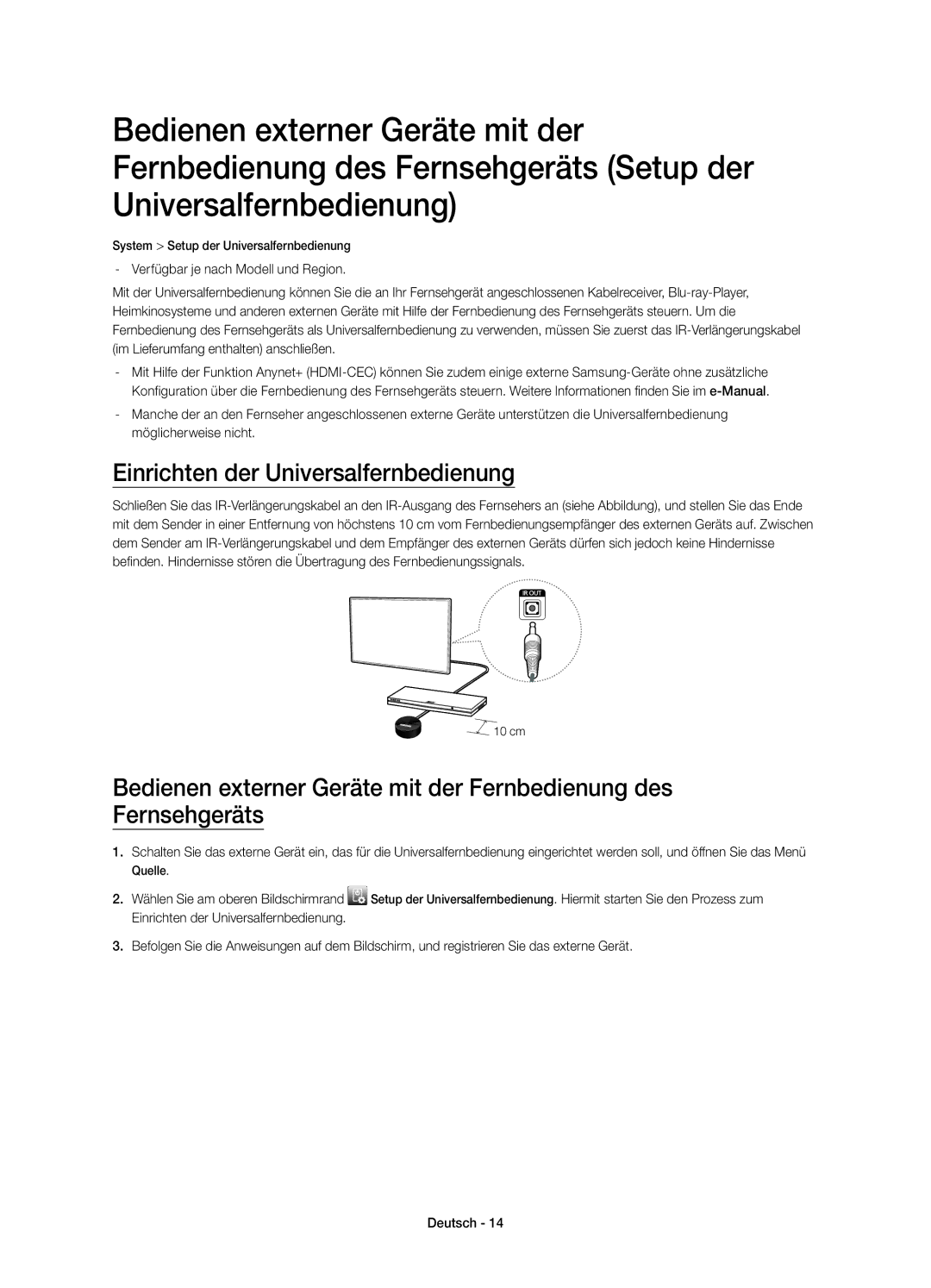 Samsung UE55HU7100SXZG, UE55HU7100SXTK, UE55HU7100SXXC, UE65HU7100SXZG, UE65HU7100SXZF Einrichten der Universalfernbedienung 