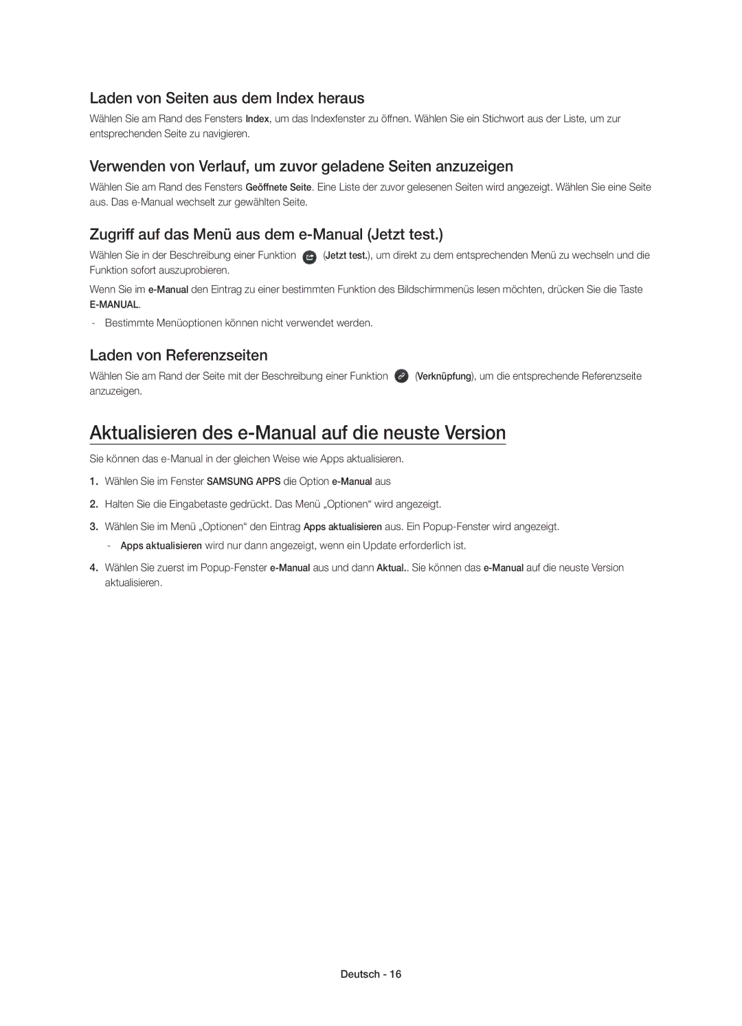 Samsung UE65HU7100SXZG manual Aktualisieren des e-Manual auf die neuste Version, Laden von Seiten aus dem Index heraus 