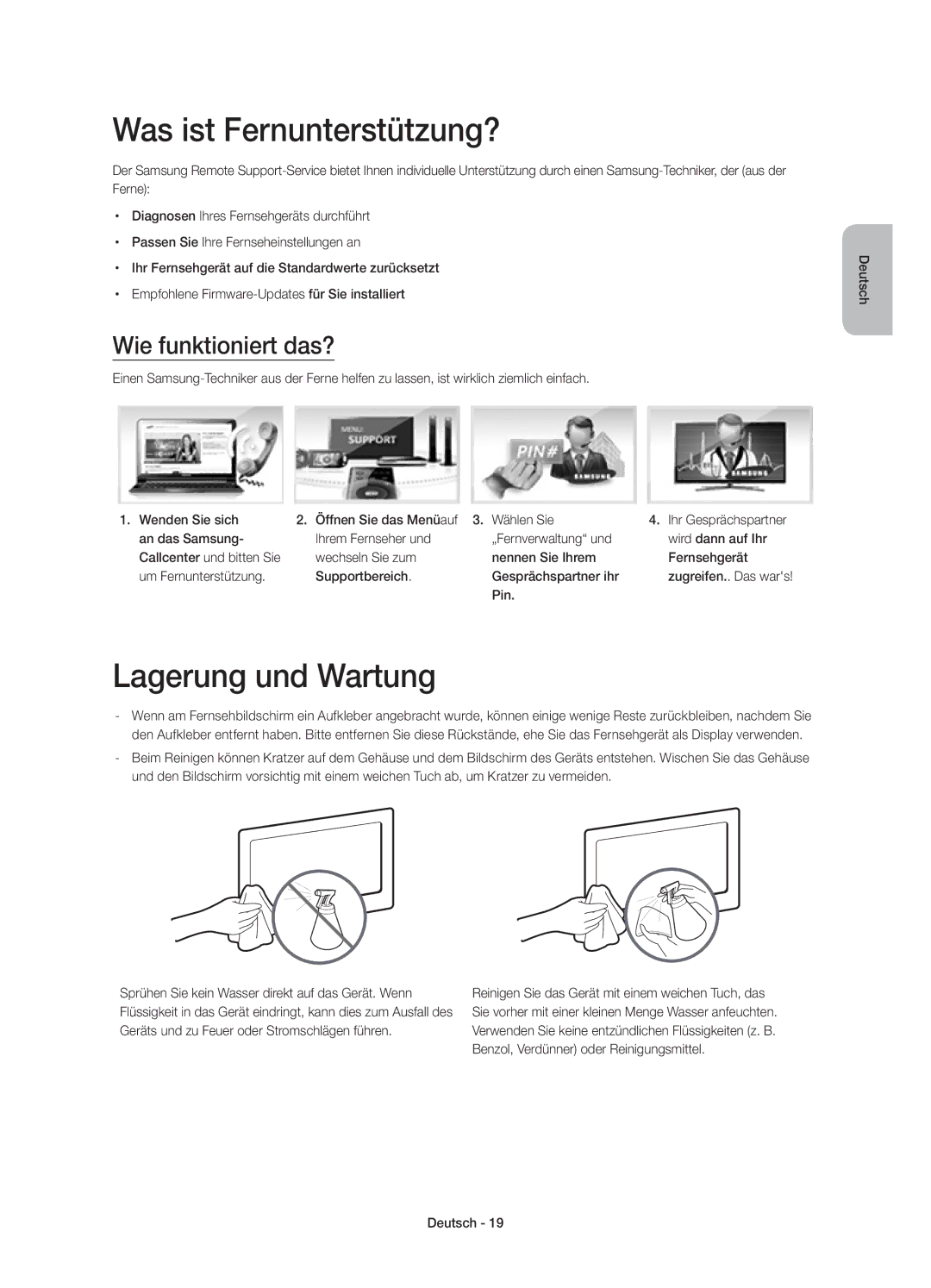 Samsung UE65HU7100SXXN, UE55HU7100SXTK manual Was ist Fernunterstützung?, Lagerung und Wartung, Wie funktioniert das?, Pin 