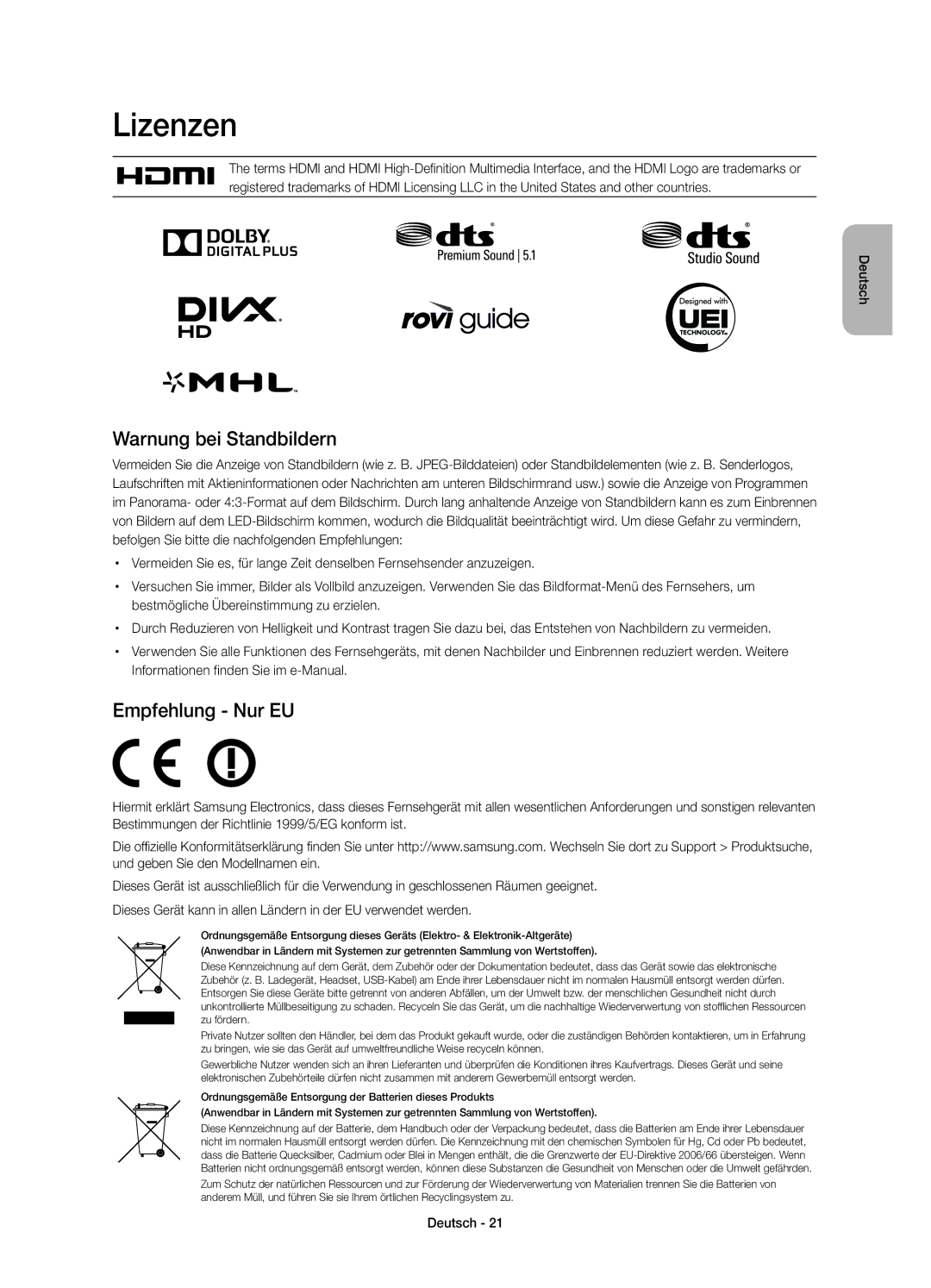 Samsung UE65HU7100SXXH, UE55HU7100SXTK, UE55HU7100SXZG, UE55HU7100SXXC Lizenzen, Warnung bei Standbildern, Empfehlung Nur EU 