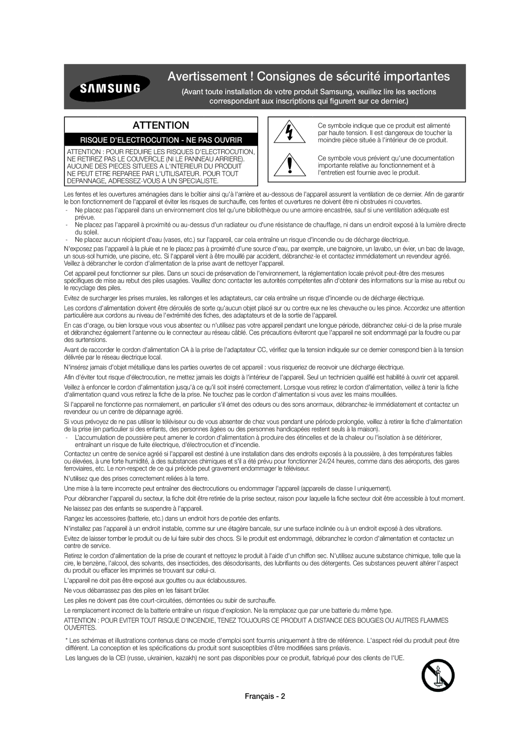 Samsung UE55HU7100SXXH, UE55HU7100SXTK, UE55HU7100SXZG manual Avertissement ! Consignes de sécurité importantes, Français 