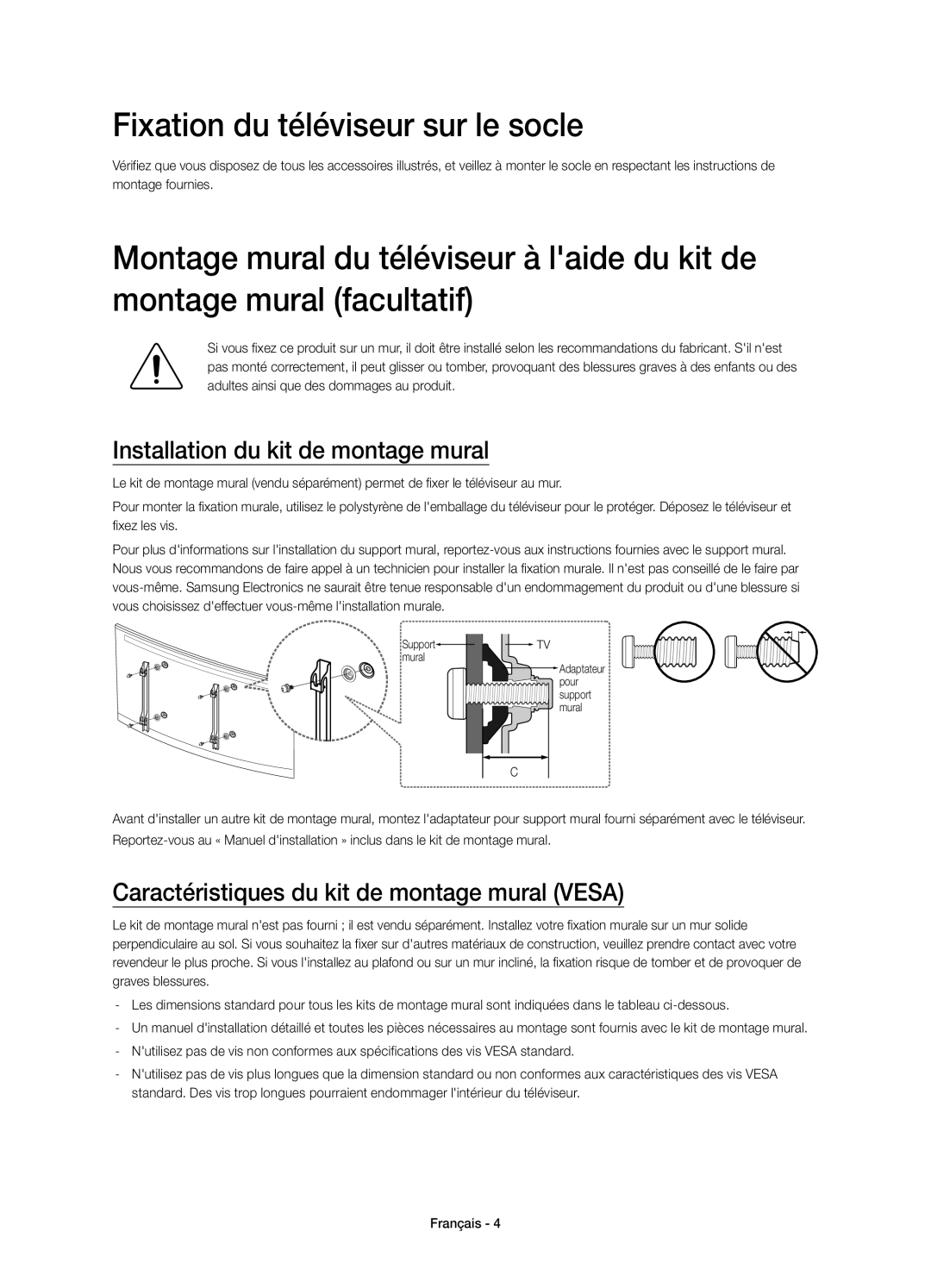 Samsung UE55HU7100SXTK, UE55HU7100SXZG manual Fixation du téléviseur sur le socle, Installation du kit de montage mural 