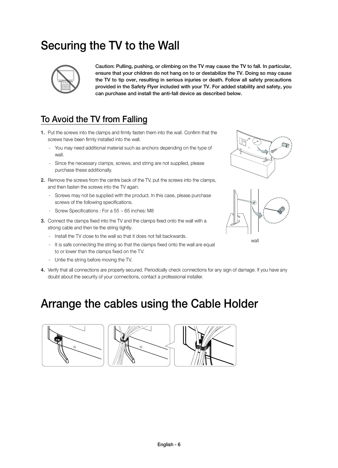 Samsung UE65HU7100SXXN, UE55HU7100SXTK manual Securing the TV to the Wall, Arrange the cables using the Cable Holder 