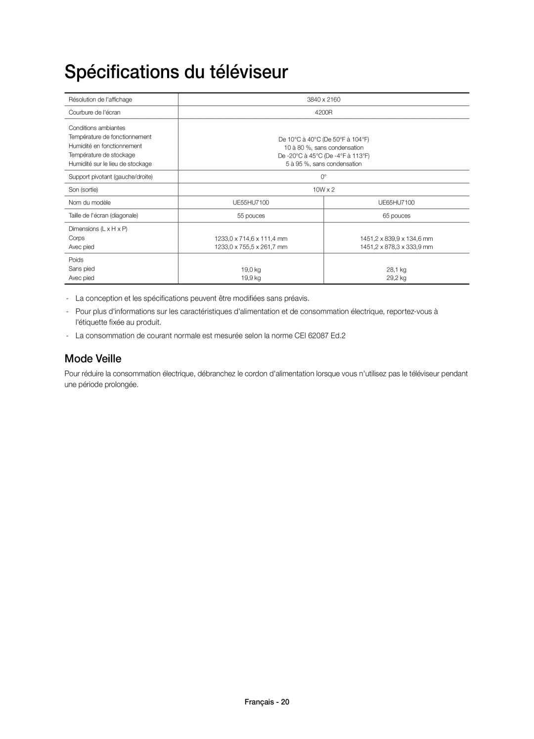 Samsung UE55HU7100SXZF, UE55HU7100SXTK, UE55HU7100SXZG, UE55HU7100SXXC manual Spécifications du téléviseur, Mode Veille 