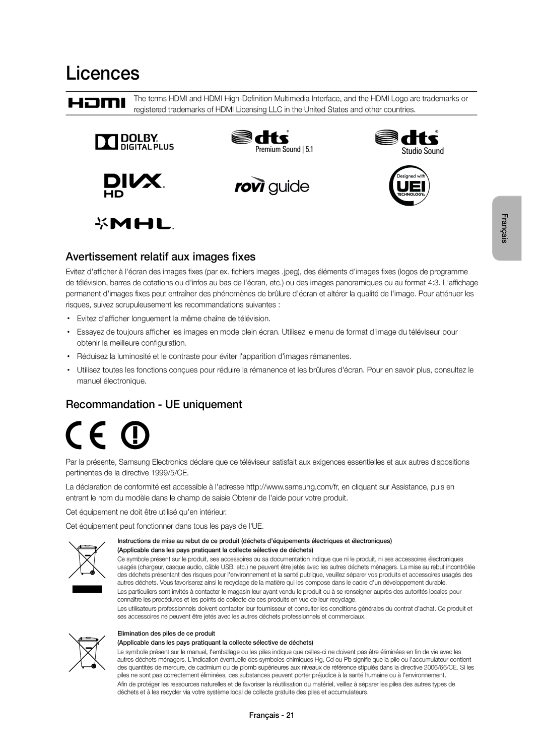 Samsung UE65HU7100SXXN, UE55HU7100SXTK, UE55HU7100SXZG Avertissement relatif aux images fixes, Recommandation UE uniquement 