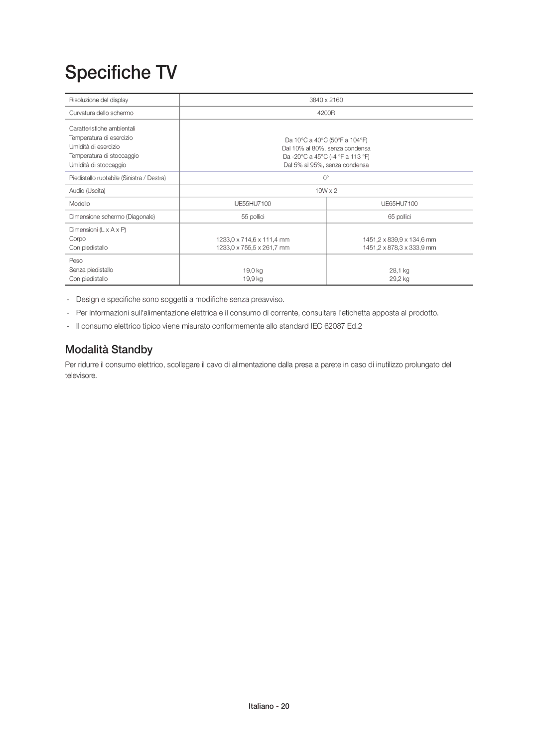 Samsung UE65HU7100SXZG, UE55HU7100SXTK, UE55HU7100SXZG, UE55HU7100SXXC, UE65HU7100SXZF manual Specifiche TV, Modalità Standby 