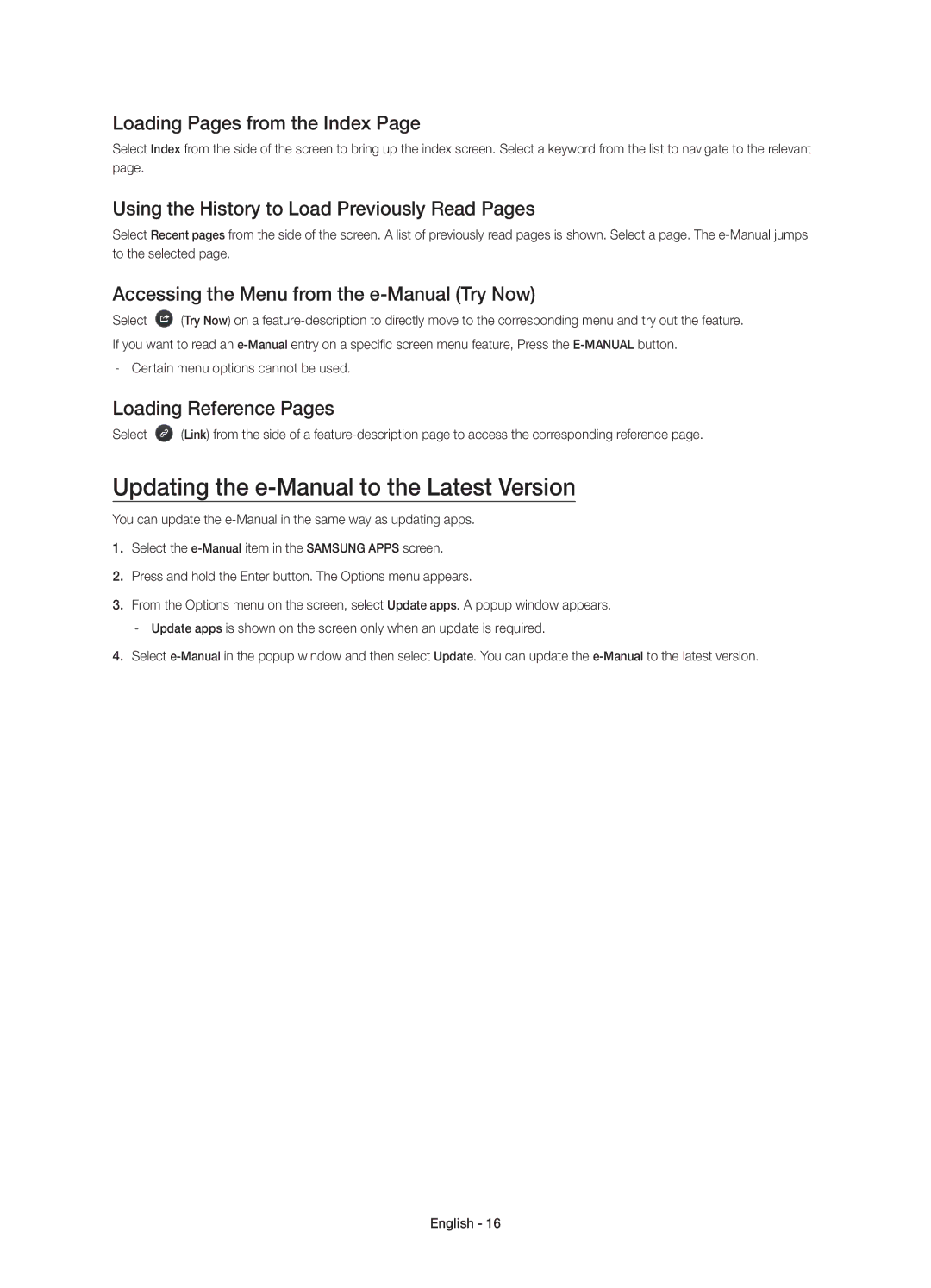 Samsung UE65HU7100SXXC Updating the e-Manual to the Latest Version, Loading Pages from the Index, Loading Reference Pages 