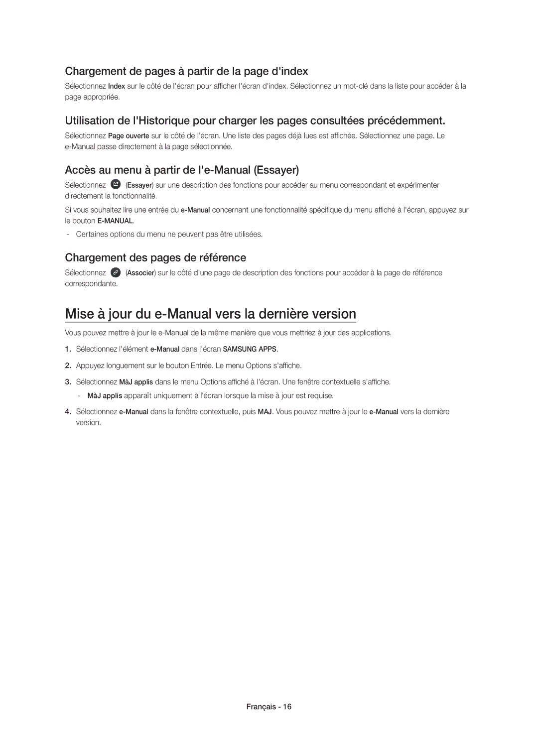 Samsung UE65HU7100SXXC Mise à jour du e-Manual vers la dernière version, Chargement de pages à partir de la page dindex 