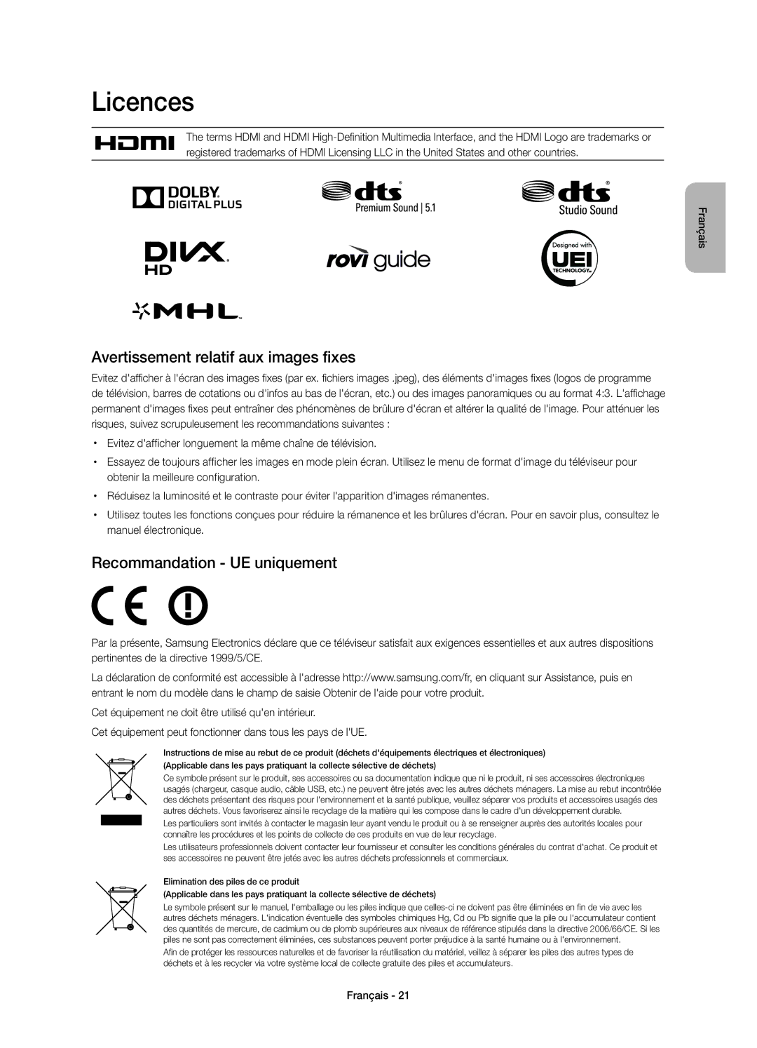 Samsung UE55HU7100SXXC, UE55HU7100SXZG, UE65HU7100SXZG Avertissement relatif aux images fixes, Recommandation UE uniquement 