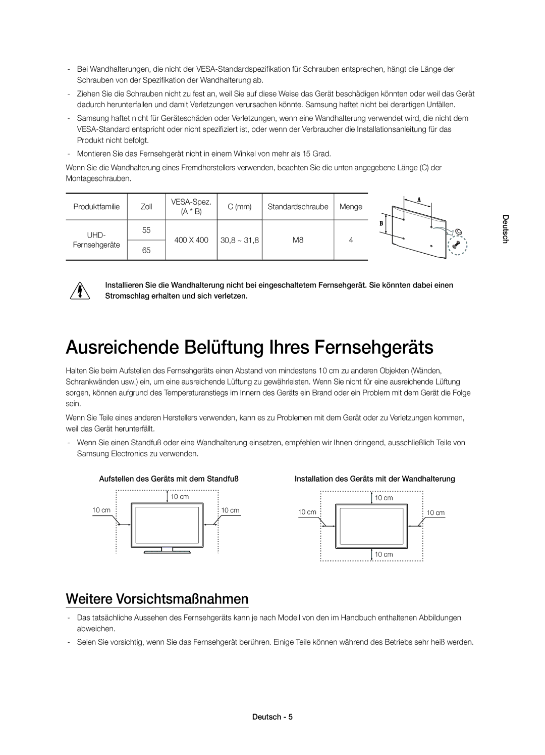 Samsung UE65HU7100SXXN manual Ausreichende Belüftung Ihres Fernsehgeräts, Weitere Vorsichtsmaßnahmen, Produkt nicht befolgt 