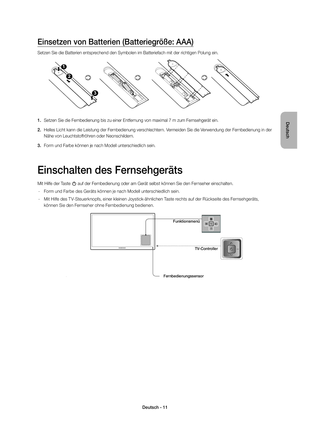 Samsung UE55HU7100SXXC, UE55HU7100SXZG manual Einschalten des Fernsehgeräts, Einsetzen von Batterien Batteriegröße AAA 