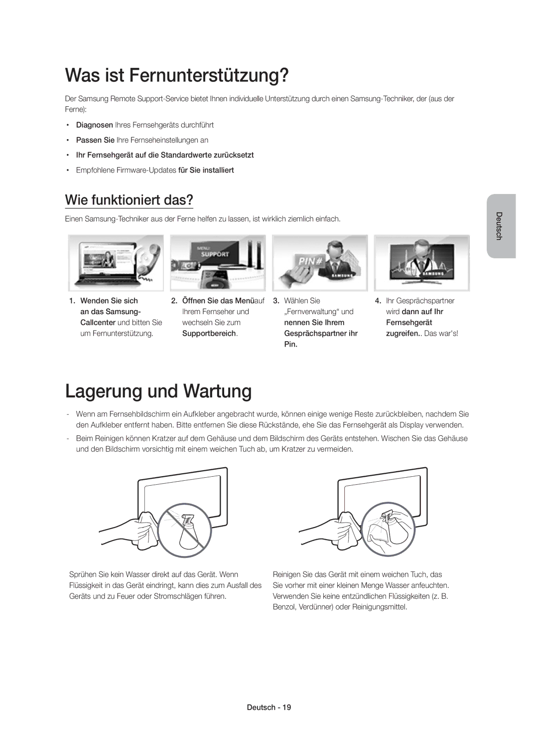 Samsung UE55HU7100SXXN, UE55HU7100SXZG manual Was ist Fernunterstützung?, Lagerung und Wartung, Wie funktioniert das?, Pin 