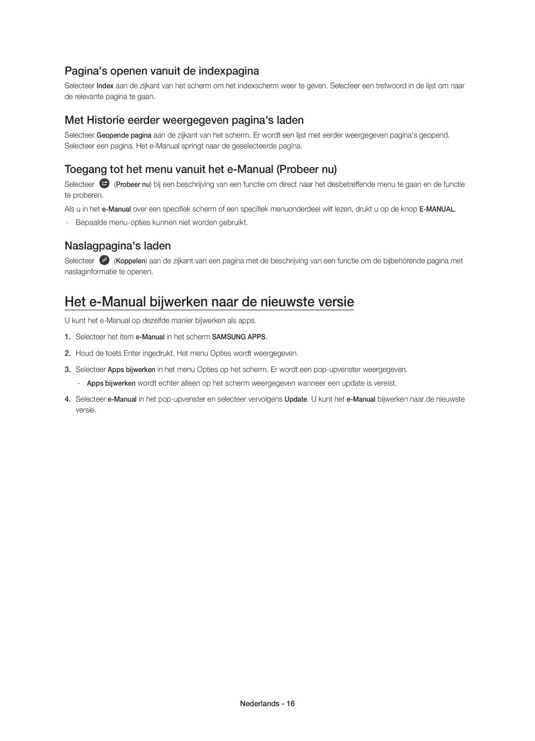 Samsung UE65HU7100SXXC manual Het e-Manual bijwerken naar de nieuwste versie, Paginas openen vanuit de indexpagina 