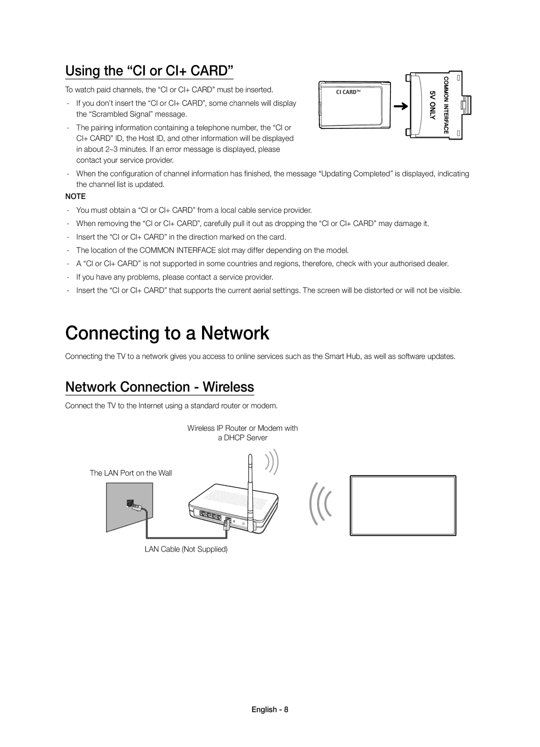 Samsung UE55HU7100SXXH, UE55HU7100SXZG manual Connecting to a Network, Using the CI or CI+ Card, Network Connection Wireless 