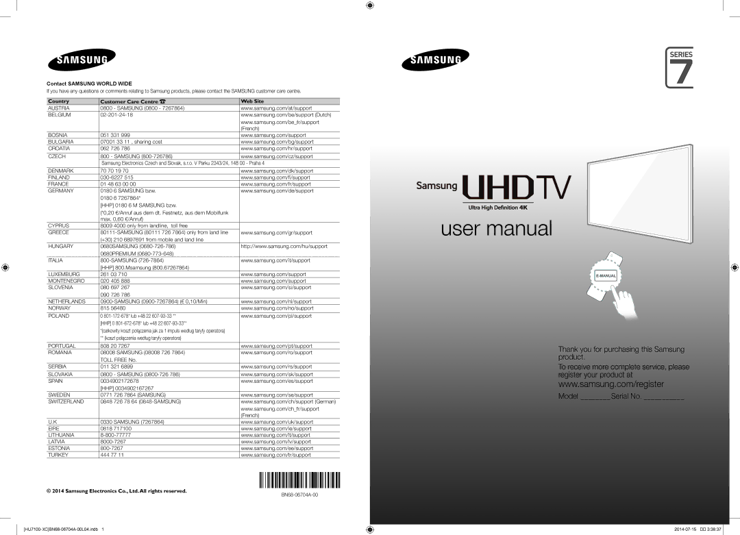 Samsung UE55HU7100SXXC, UE55HU7100SXZG, UE65HU7100SXZG, UE65HU7100SXZF, UE55HU7100SXZF manual Contact Samsung World Wide 