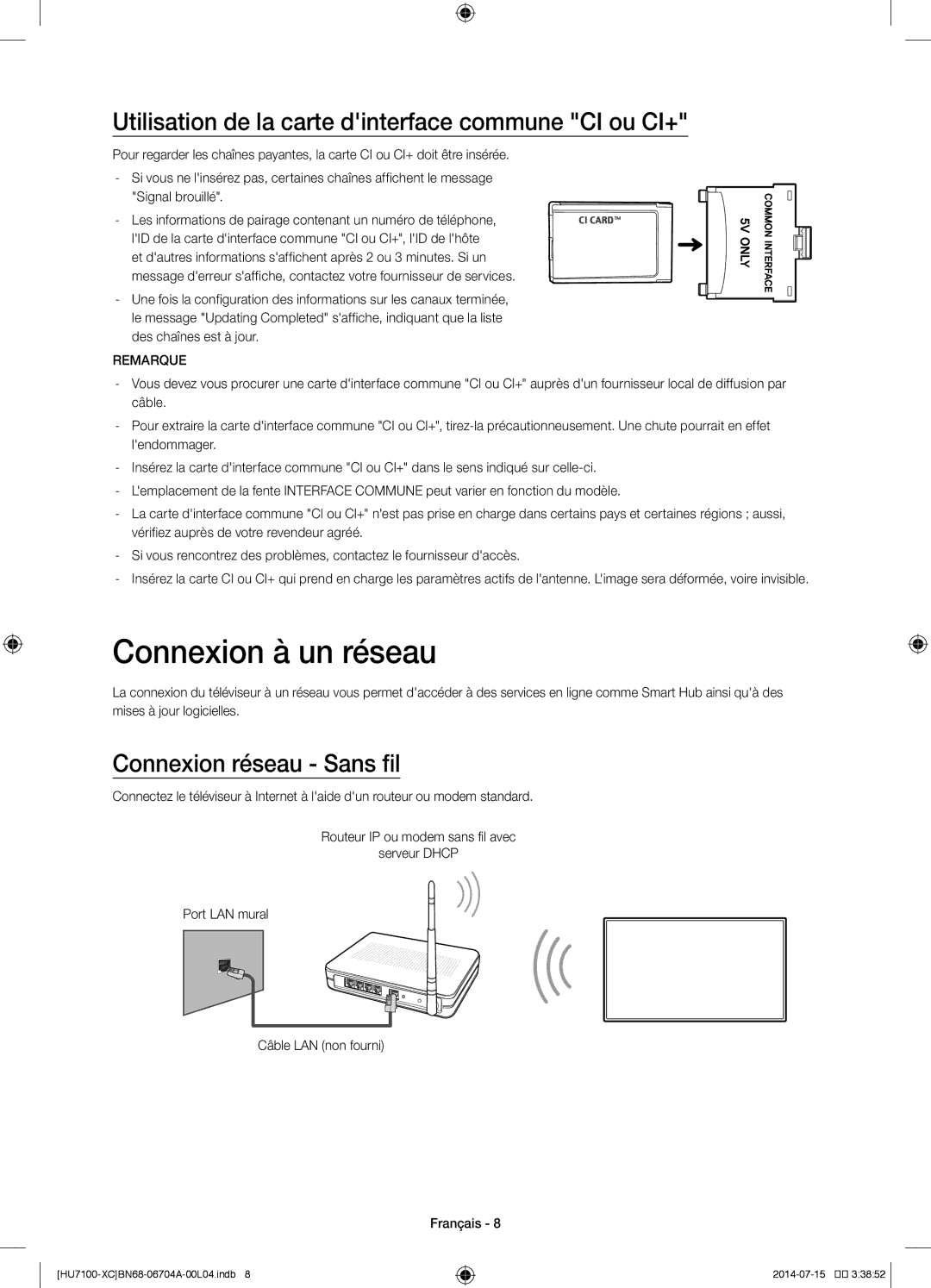 Samsung UE55HU7100SXXH, UE55HU7100SXZG manual Connexion à un réseau, Utilisation de la carte dinterface commune CI ou CI+ 