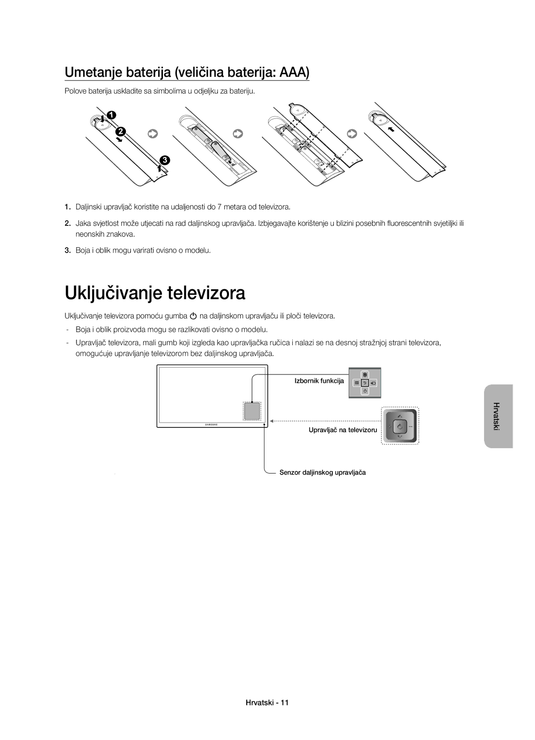 Samsung UE65HU7100SXZF, UE55HU7100SXZG, UE55HU7100SXXC Uključivanje televizora, Umetanje baterija veličina baterija AAA 