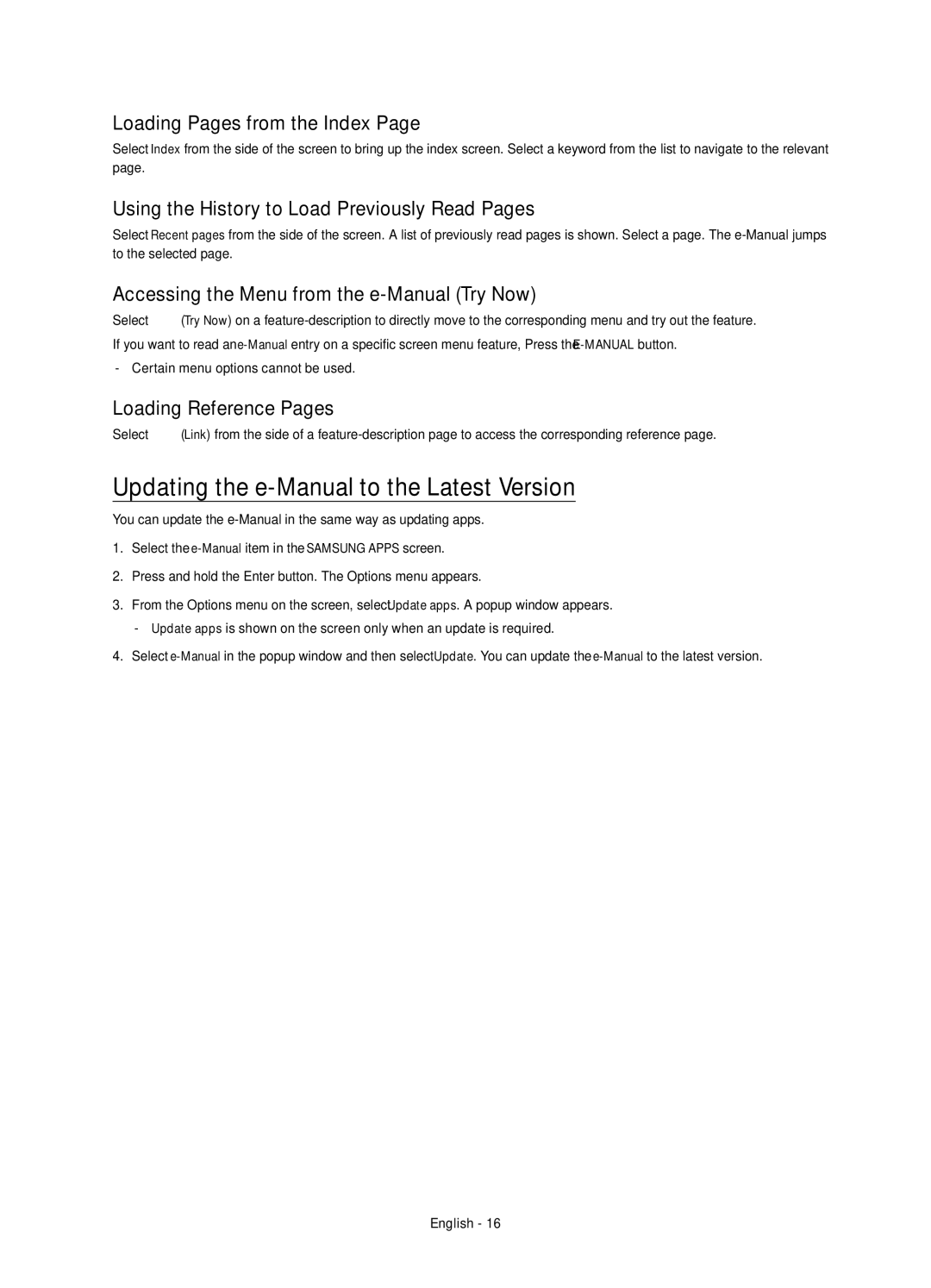 Samsung UE55HU7100SXZF Updating the e-Manual to the Latest Version, Loading Pages from the Index, Loading Reference Pages 