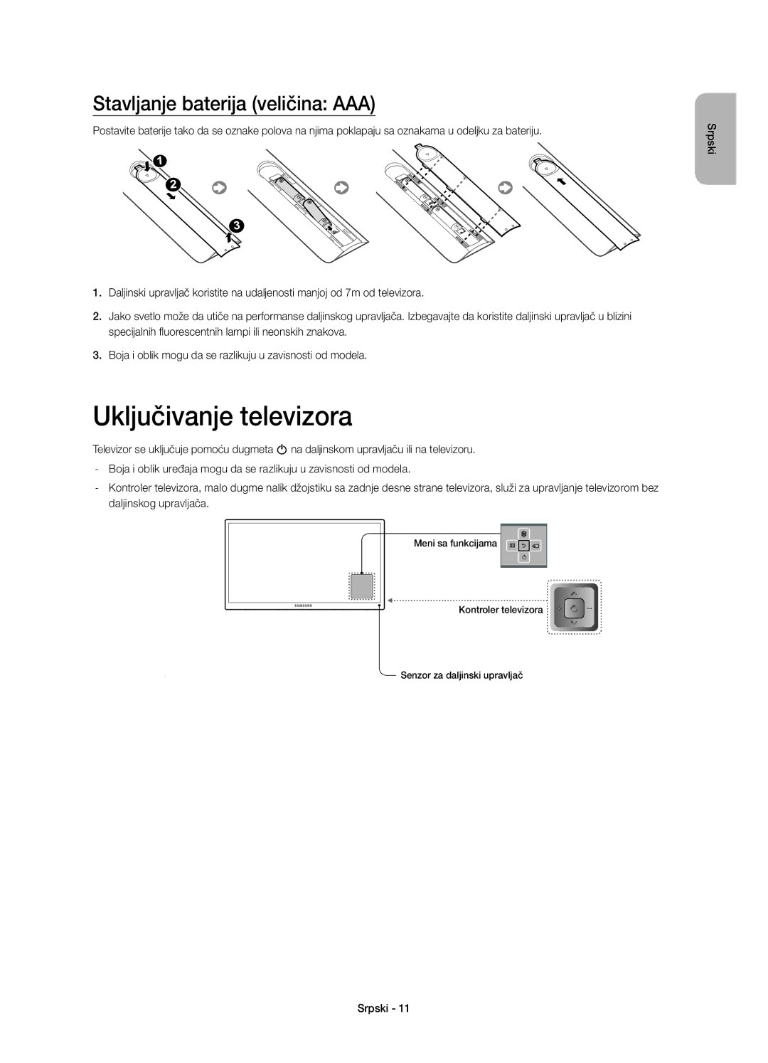 Samsung UE55HU7100UXXU, UE55HU7100SXZG, UE55HU7100SXXC manual Uključivanje televizora, Stavljanje baterija veličina AAA 