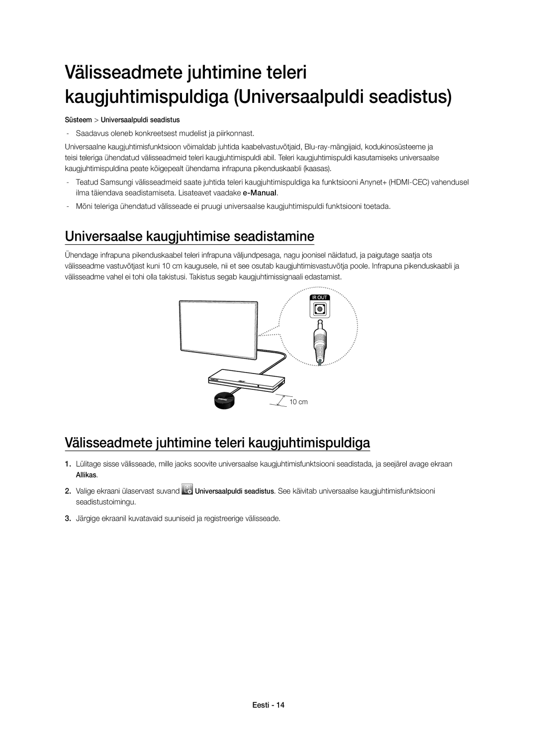 Samsung UE65HU7100SXZG manual Universaalse kaugjuhtimise seadistamine, Välisseadmete juhtimine teleri kaugjuhtimispuldiga 