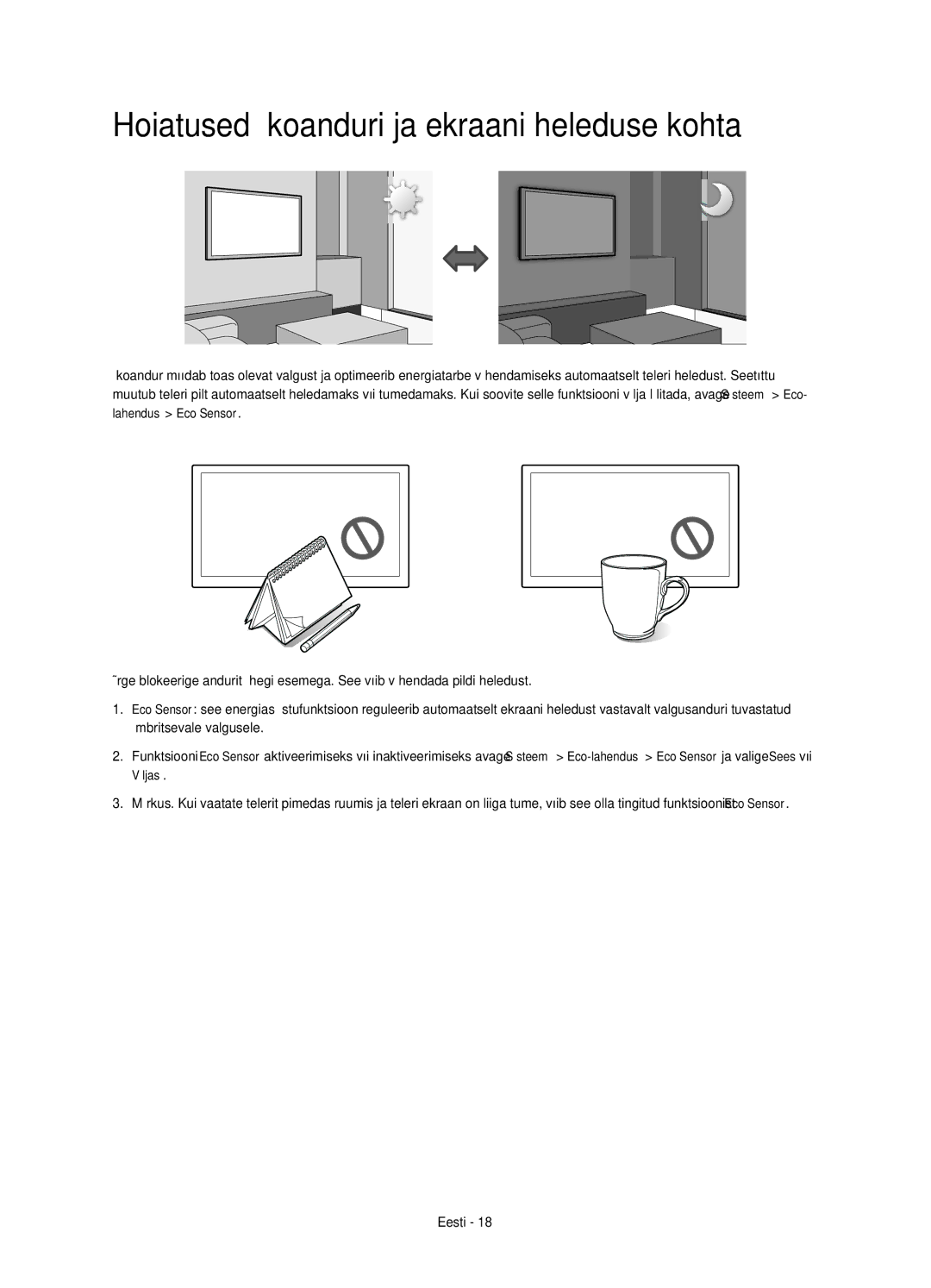 Samsung UE65HU7100SXXC, UE55HU7100SXZG, UE55HU7100SXXC, UE65HU7100SXZG manual Hoiatused ökoanduri ja ekraani heleduse kohta 