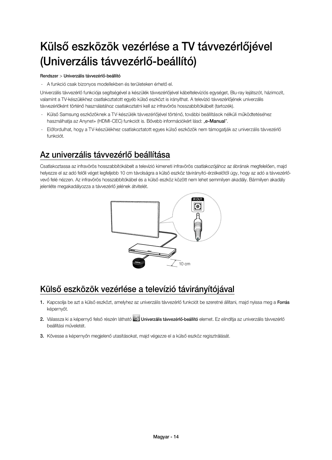 Samsung UE55HU7100SXXN manual Az univerzális távvezérlő beállítása, Külső eszközök vezérlése a televízió távirányítójával 