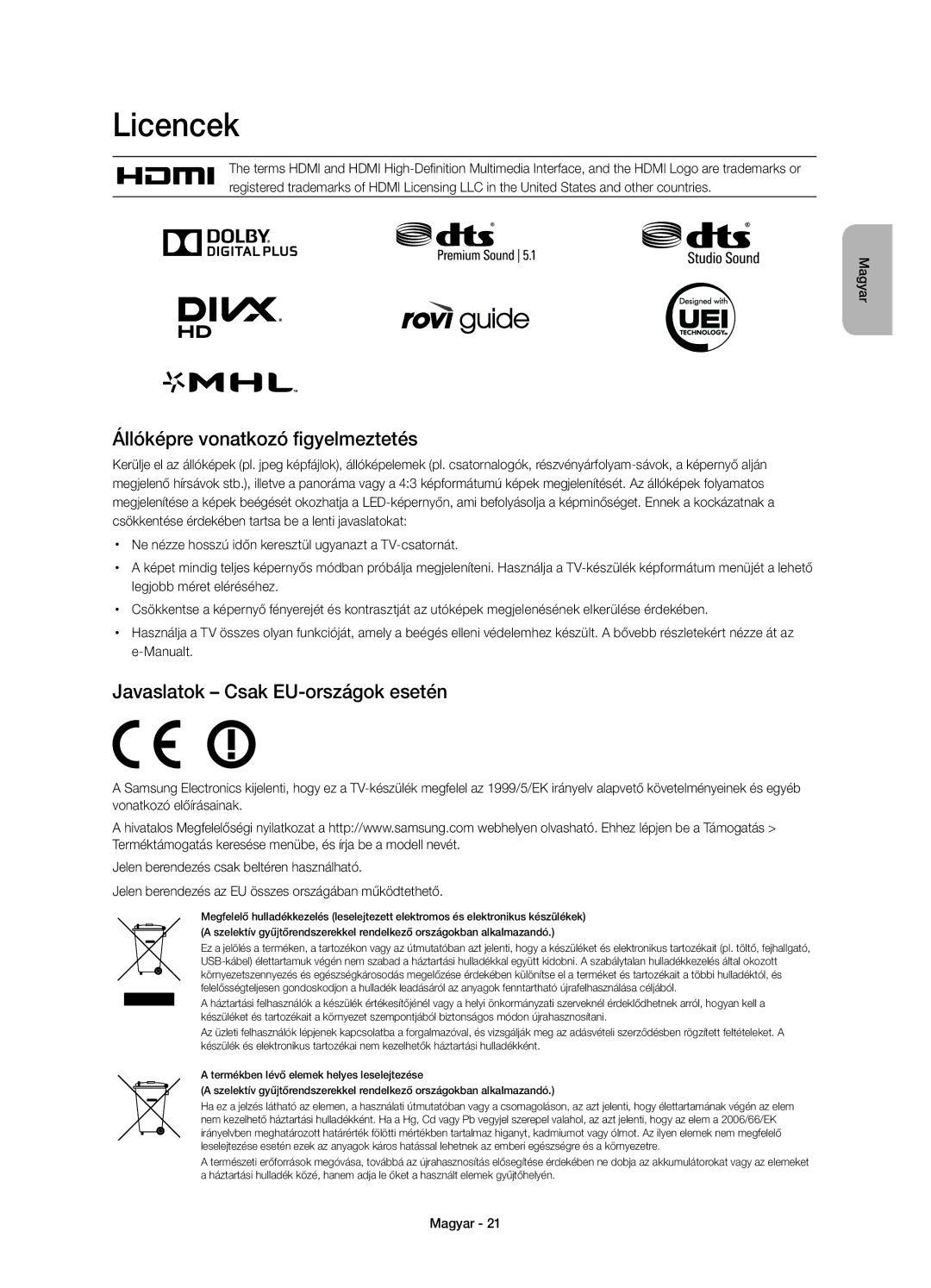 Samsung UE65HU7100SXXN, UE55HU7100SXZG Licencek, Állóképre vonatkozó figyelmeztetés, Javaslatok Csak EU-országok esetén 