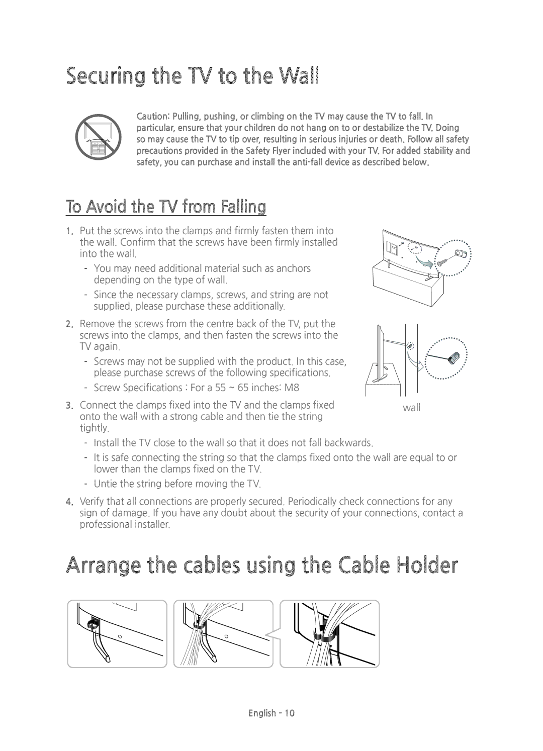 Samsung UE55HU7100UXXU, UE55HU7100UXXH manual Securing the TV to the Wall, Arrange the cables using the Cable Holder 