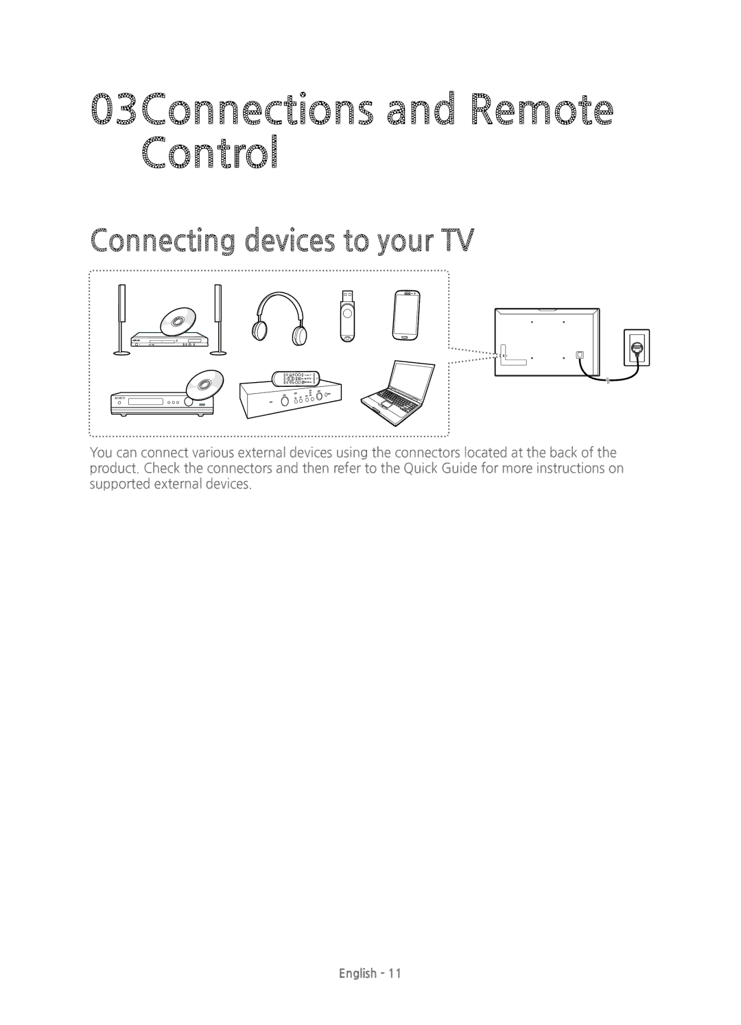 Samsung UE65HU7100UXXU, UE55HU7100UXXH, UE55HU7100UXXU manual 03Connections and Remote Control, Connecting devices to your TV 