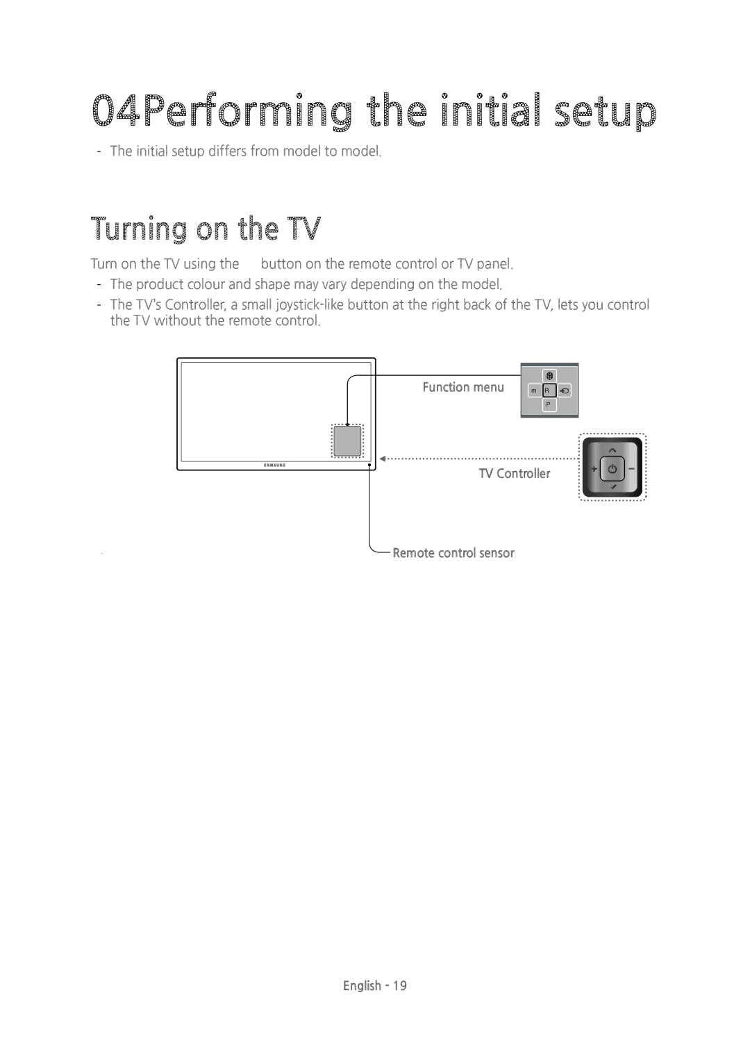 Samsung UE55HU7100UXXU, UE55HU7100UXXH, UE65HU7100UXXU manual 04Performing the initial setup, Turning on the TV 