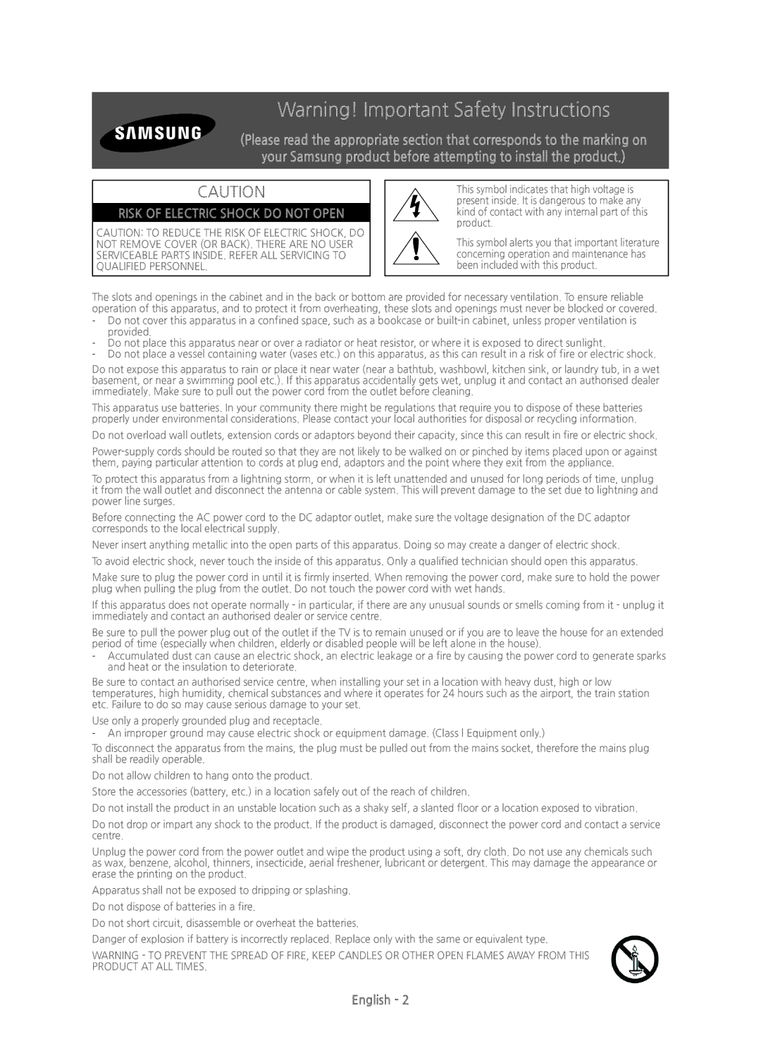 Samsung UE65HU7100UXXU, UE55HU7100UXXH, UE55HU7100UXXU manual Risk of Electric Shock do not Open 