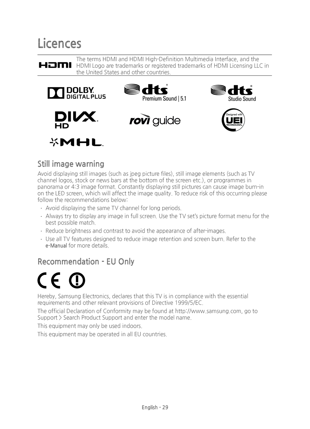 Samsung UE65HU7100UXXU, UE55HU7100UXXH, UE55HU7100UXXU manual Licences, Still image warning, Recommendation EU Only 