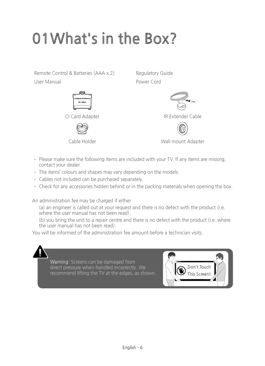 Samsung UE55HU7100UXXH, UE55HU7100UXXU, UE65HU7100UXXU manual 01Whats in the Box? 