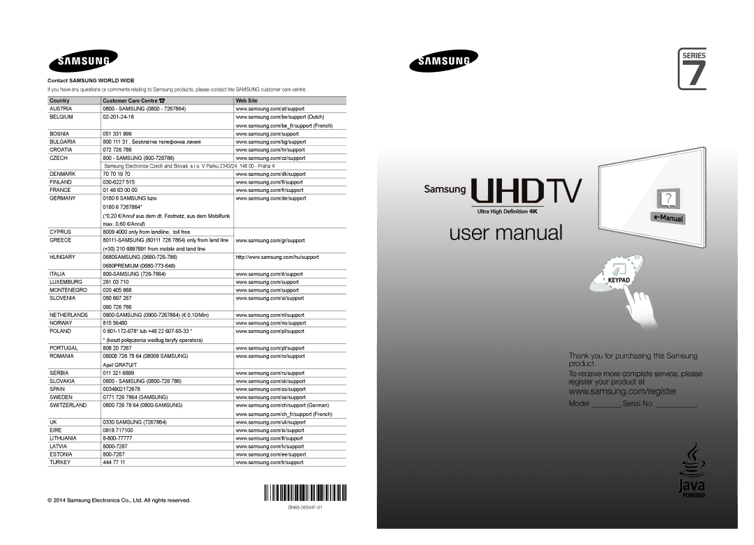 Samsung UE65HU7200DXZT, UE55HU7200DXZT manual Contact Samsung World Wide 