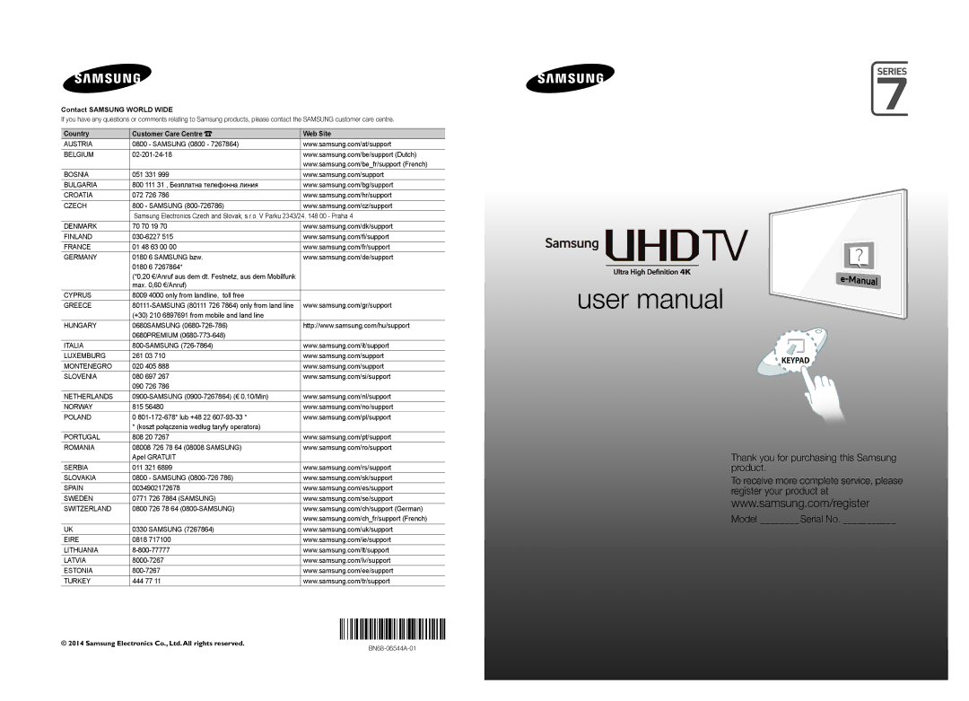 Samsung UE65HU7200SXXC, UE55HU7200SXXC manual Contact Samsung World Wide 