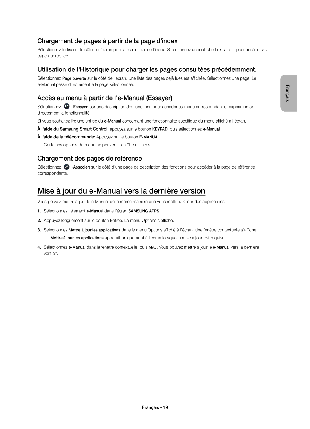 Samsung UE65HU7200SXXC Mise à jour du e-Manual vers la dernière version, Chargement de pages à partir de la page dindex 