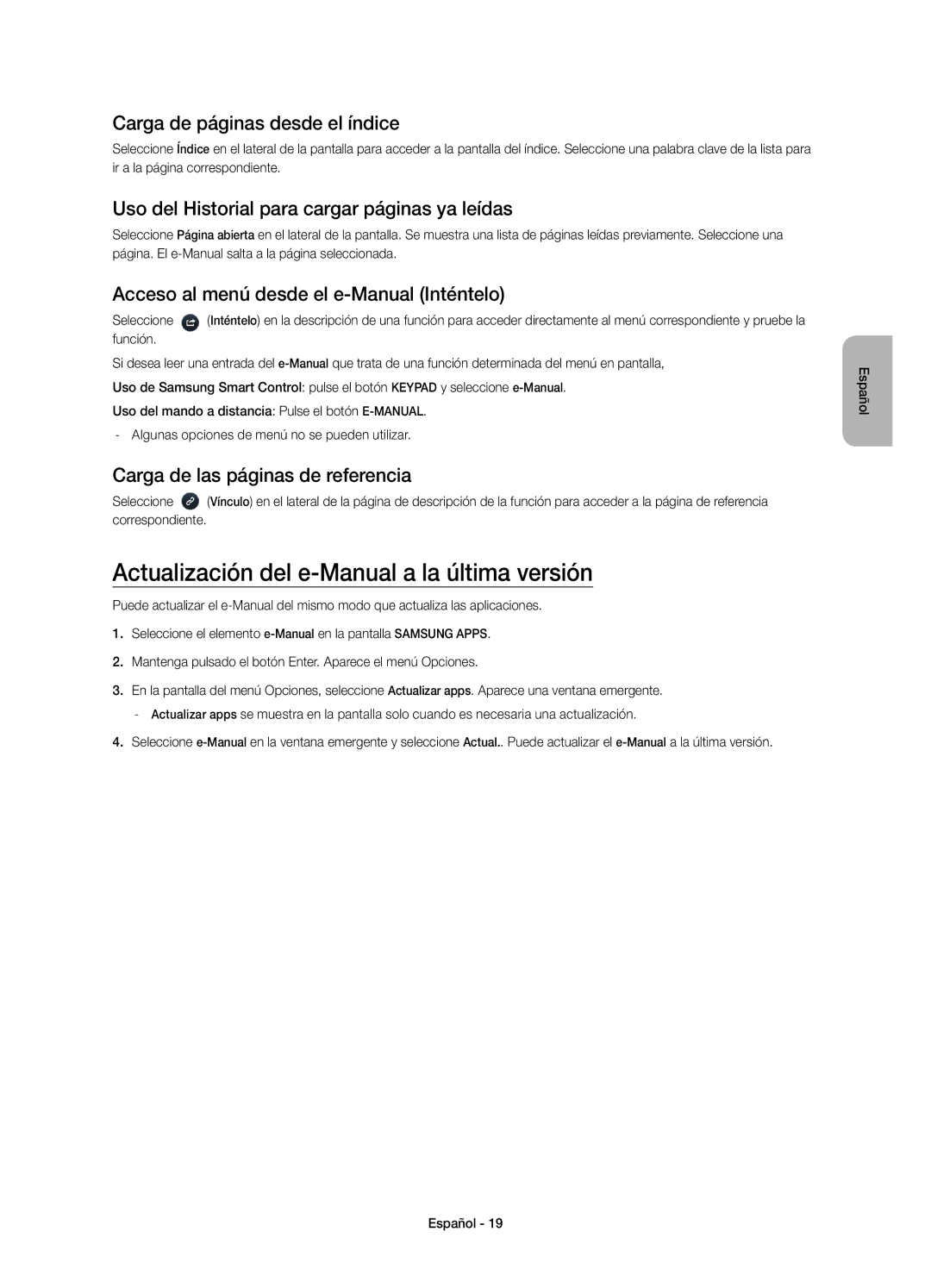 Samsung UE65HU7200SXXC, UE55HU7200SXXC Actualización del e-Manual a la última versión, Carga de páginas desde el índice 