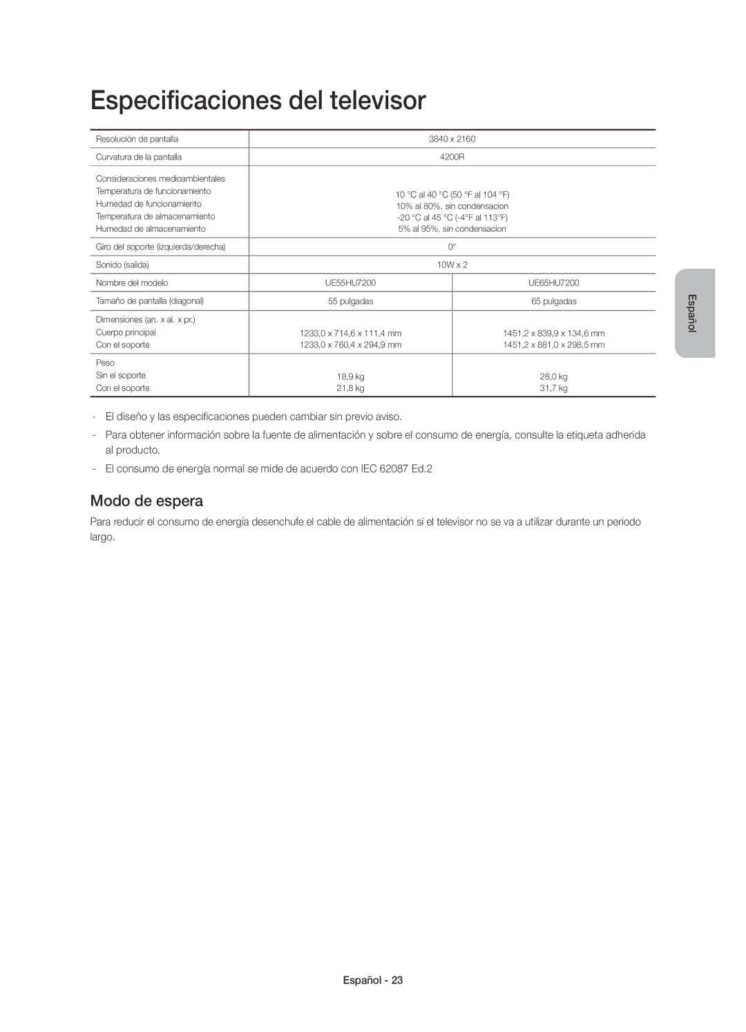 Samsung UE65HU7200SXXC, UE55HU7200SXXC manual Especificaciones del televisor, Modo de espera 