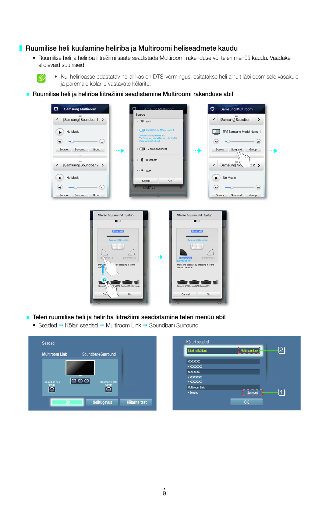 Samsung UE48H6670SLXXH, UE55HU7200SXXH, UE22H5610AWXXH manual Seaded Kõlari seaded Multiroom Link Soundbar+Surround, No Music 