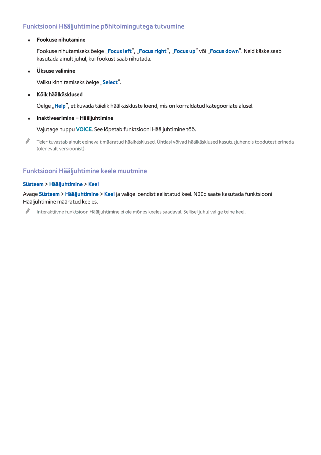 Samsung UE65HU7100SXXH Funktsiooni Hääljuhtimine põhitoimingutega tutvumine, Funktsiooni Hääljuhtimine keele muutmine 