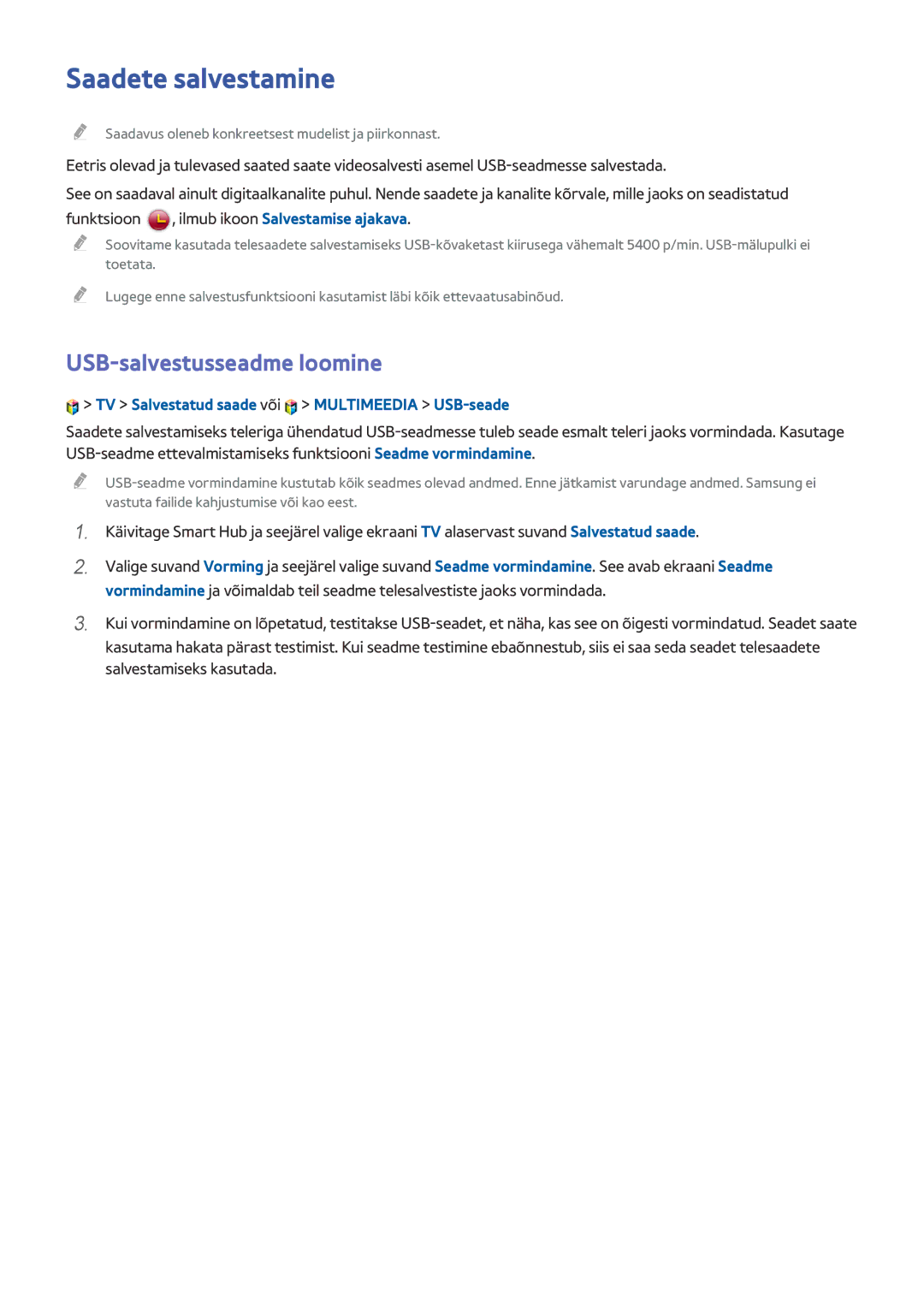 Samsung UE75HU7500TXXH Saadete salvestamine, USB-salvestusseadme loomine, TV Salvestatud saade või Multimeedia USB-seade 