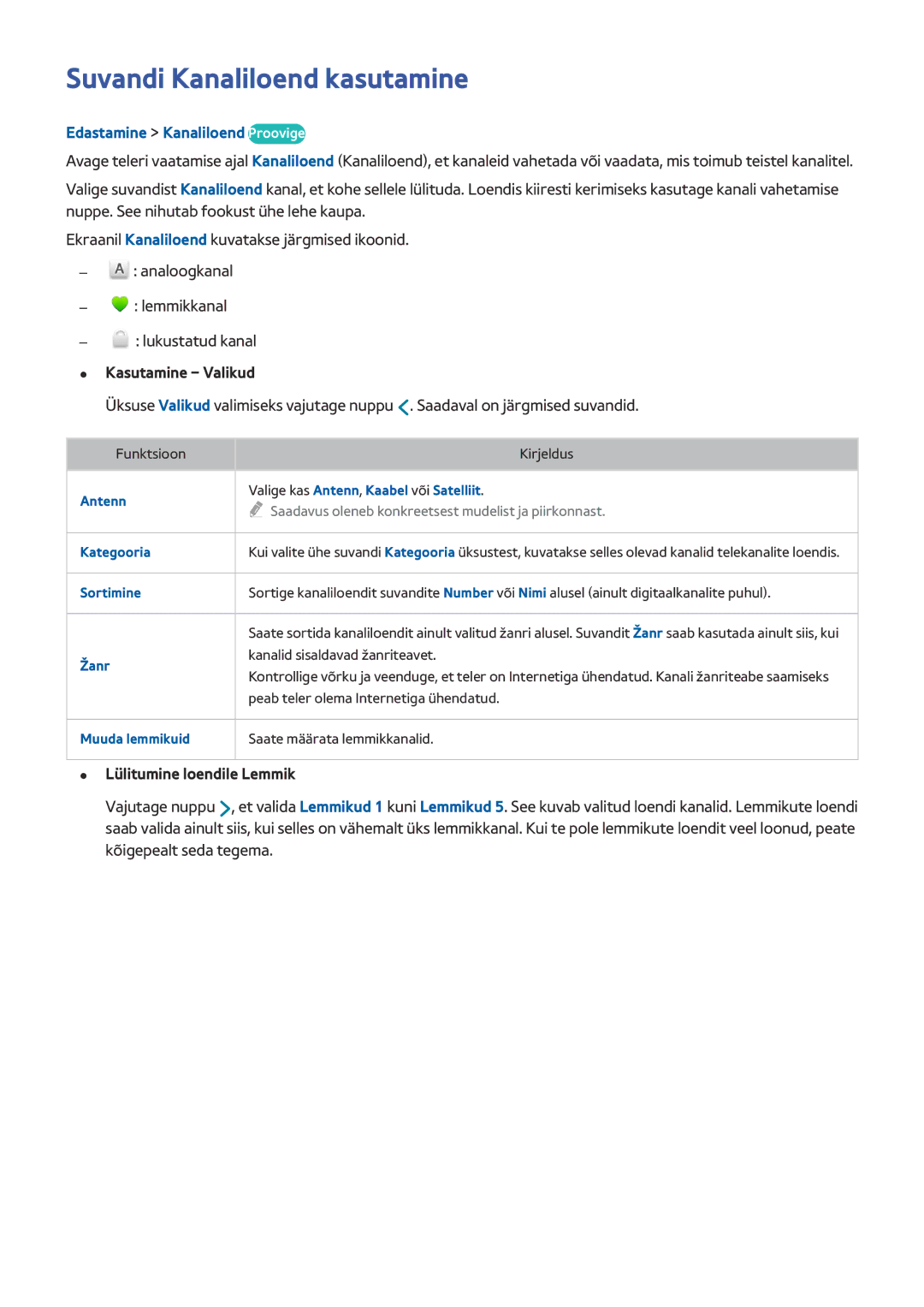 Samsung UE50HU6900UXXH, UE55HU7200SXXH Suvandi Kanaliloend kasutamine, Edastamine Kanaliloend Proovige, Kasutamine Valikud 